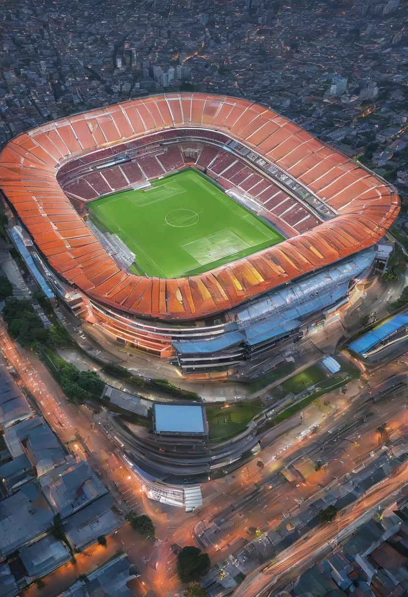 arafed view of a stadium with a lot of lights on it, south jakarta, jakarta, stadium landscape, shot from drone, indonesia, shot from a drone, photography shot at blue hour, drone view of a city, during sunrise, during sunset, stadium setting, birds eye view, stunning sight, drone photography, soccer stadium