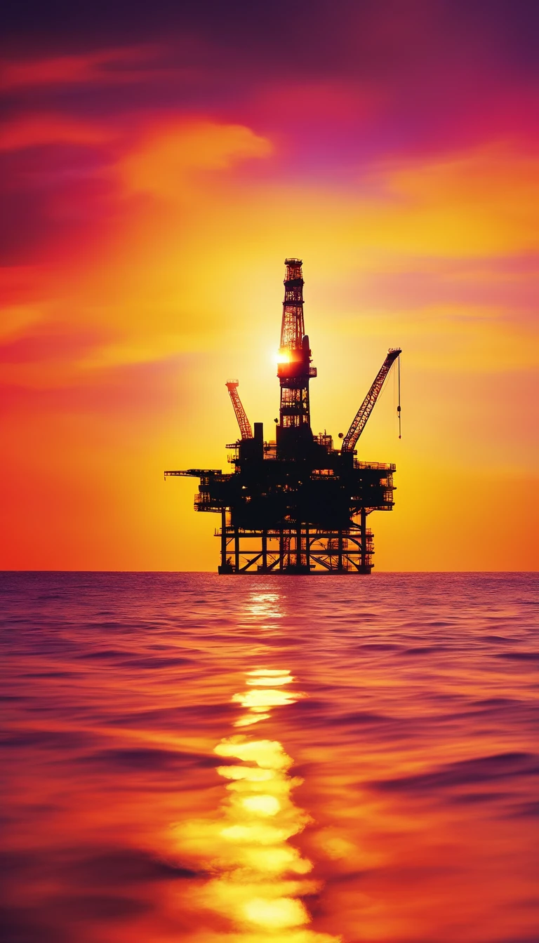 photorealestic, A yellow offshore oil and gas platform sits on the surface, Panoramic view, Clouds of smoke, and the sun was shining brightly, (Masterpiece), (Vivid colors:1.6)