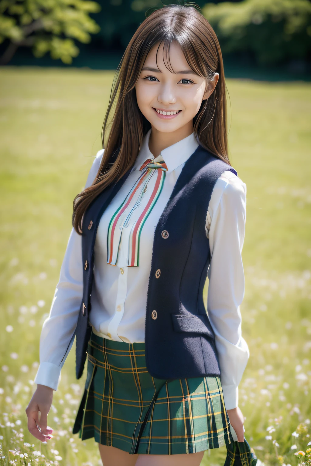 (Masterpiece:1.3), (8K), (Best Quality:1.4), (UHD:1.2), (Photorealistic:1.3),( Raw Photography), (1girl), (Ultra High Detailed), (Detailed face), very perfect beautiful and cute face, (Detailed hair), Beautiful hair, bangs, (symmetrical eyes:1.3), (Detailed eyes), (Detailed skin), Realistic skin, shiny skin, Ultra high definition, (medium breasts:0.7), (slim figure), (super model figure), gentle smile:1.2, (A very beautiful and cute young Japanese girl with a gentle expression), 

(                       wearing a Celtic pattern blouse and kilt skirt, down vest, :1.3                 ), 
cute young Japanese girl, pretty young Japanese girl, full body, Walking through a field of cosmos in full bloom
