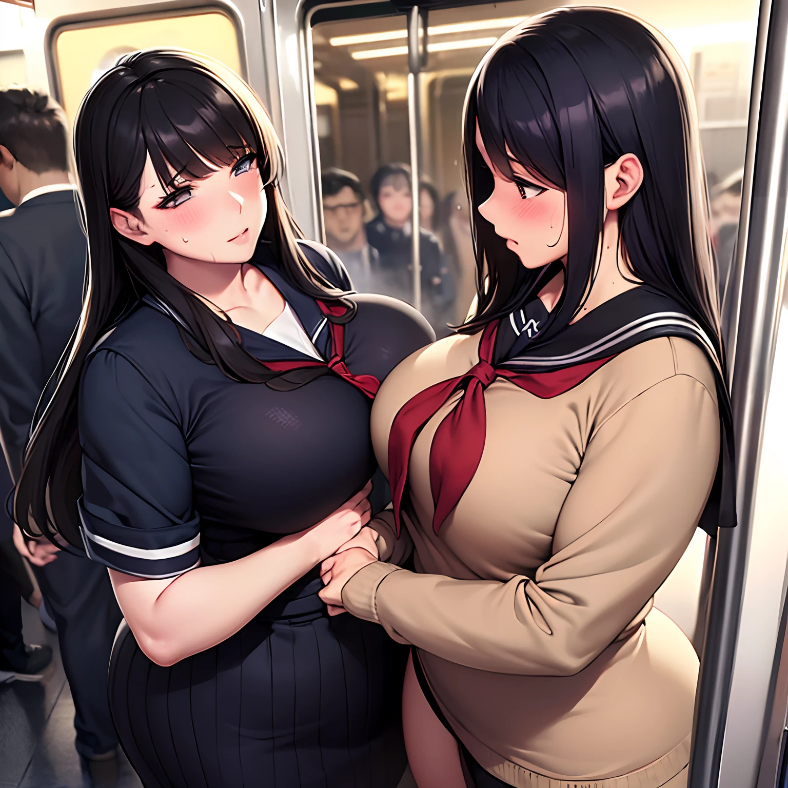 realistic anime art style,(tareme),(curvy body),black unkempt hair,(sailor uniform),unpretentious mature woman standing in crowded train,sad,blushed,trembling,(sweaty),full body shot