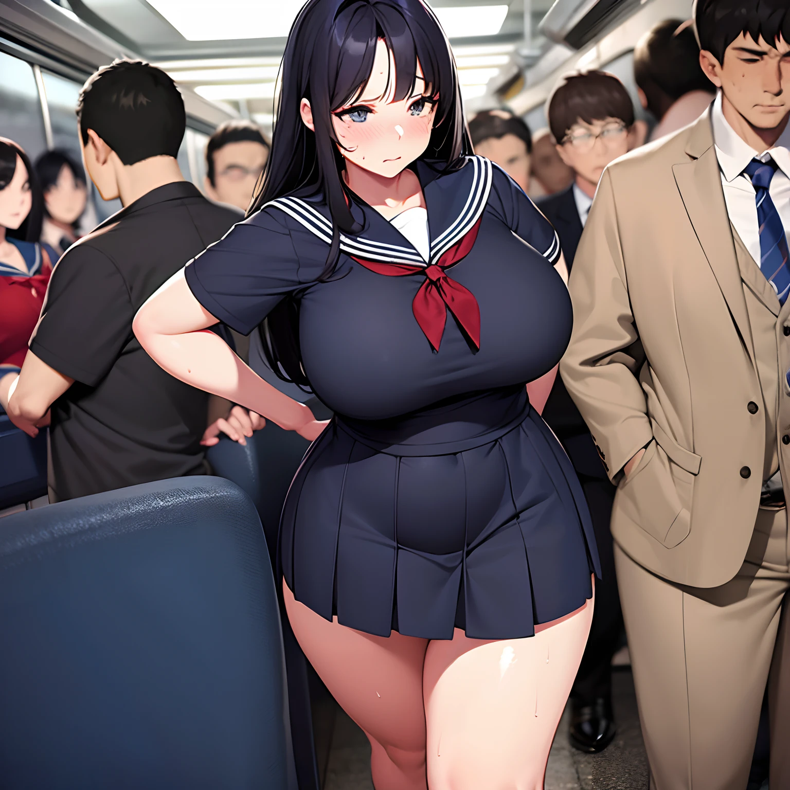 realistic anime art style,(tareme),(curvy body),black unkempt hair,(sailor uniform),unpretentious mature woman standing in crowded train,sad,blushed,trembling,(sweaty),full body shot