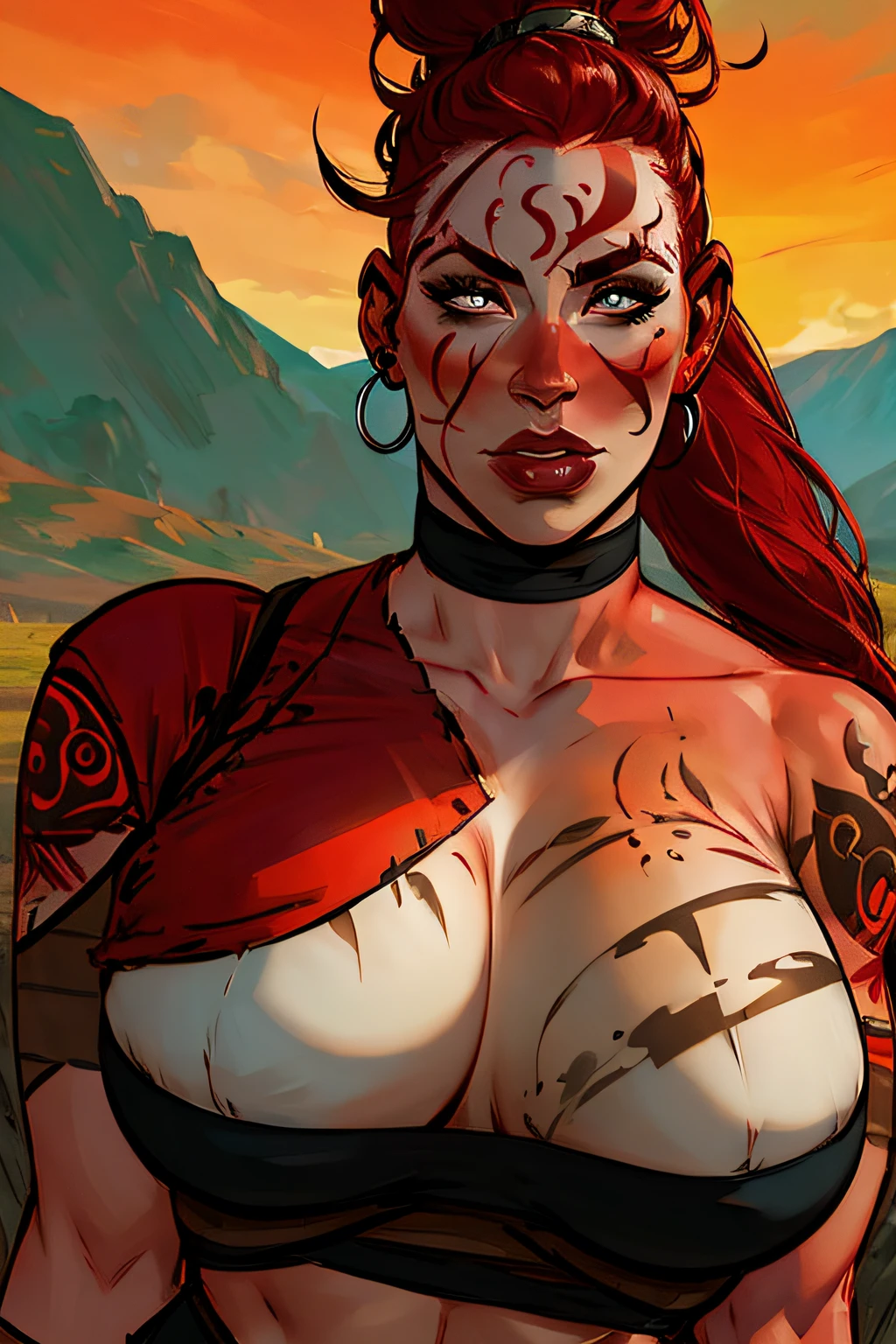 woman, pale skin, red hair, mohawk ponytail, tribal, tribal markings, tribal tattoos, (super gigantic Boobs:1.1), curvy figure, grasslands, detailed eyes, red facepaint