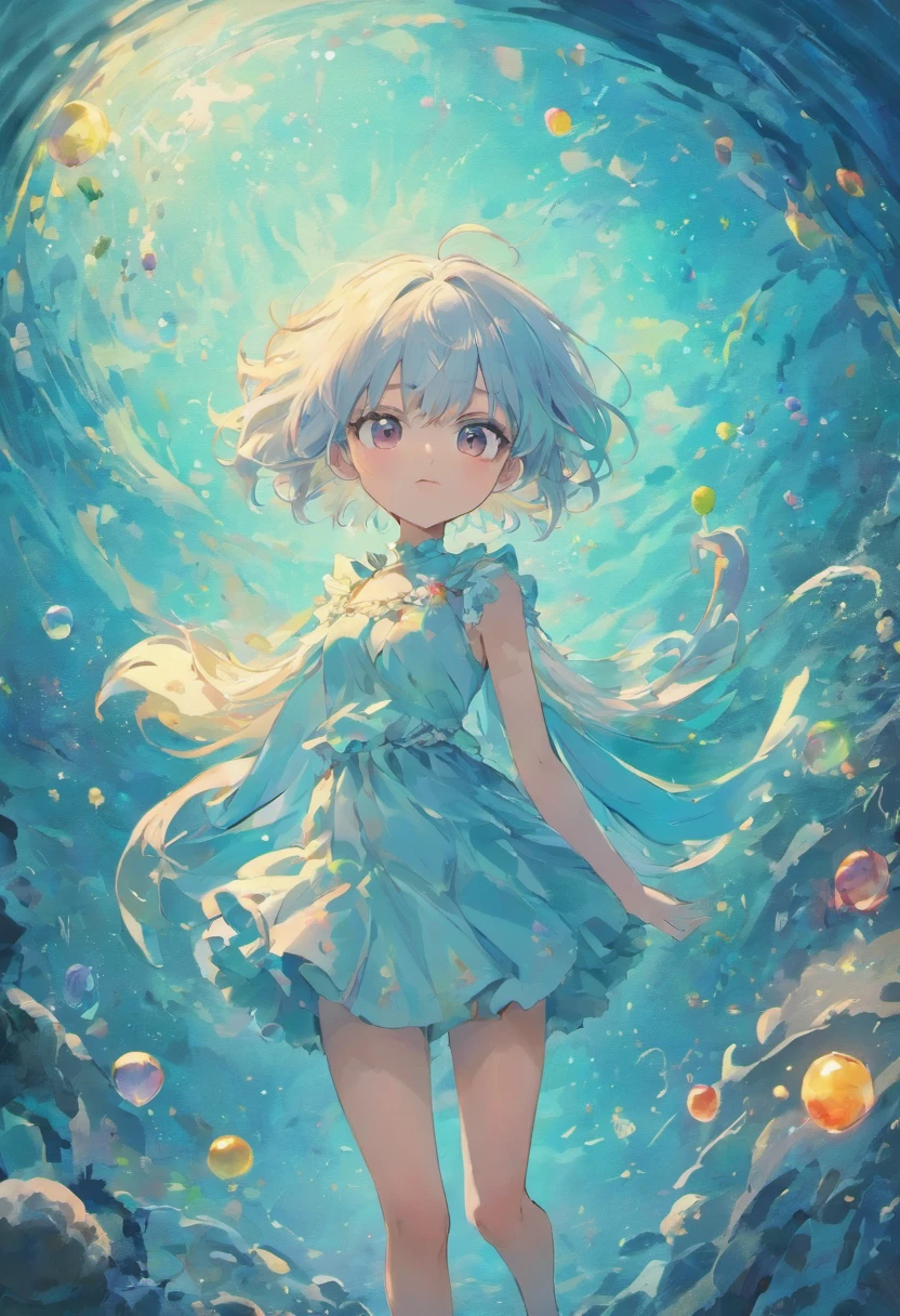 Undersea juvenile silver-haired shell house,Girl with short white hair,Colorful bubbles,a plant,Glowing small fish,Sparkling,ocean floor,