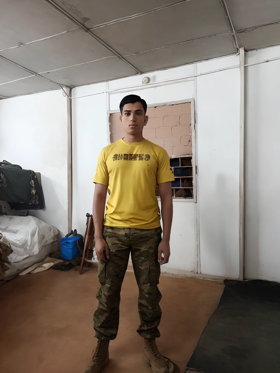 arafed man in a yellow shirt standing in a room, wearing dirty soldier uniform, ready for combat, wearing a tee shirt and combats, with yellow cloths, wearing a modern yellow tshirt, mohamed chahin, taken with sony alpha 9, he is at camp, full soldier clothing, full body photogenic shot, soldier clothing, in a soldier uniform change all of this into a military uniform