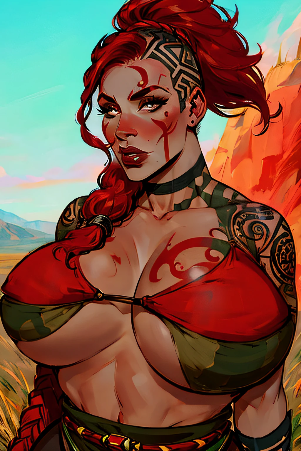 woman, pale skin, red hair, mohawk ponytail, tribal, tribal markings, tribal tattoos, (super gigantic Boobs:1.1), curvy figure, grasslands, detailed eyes, red facepaint