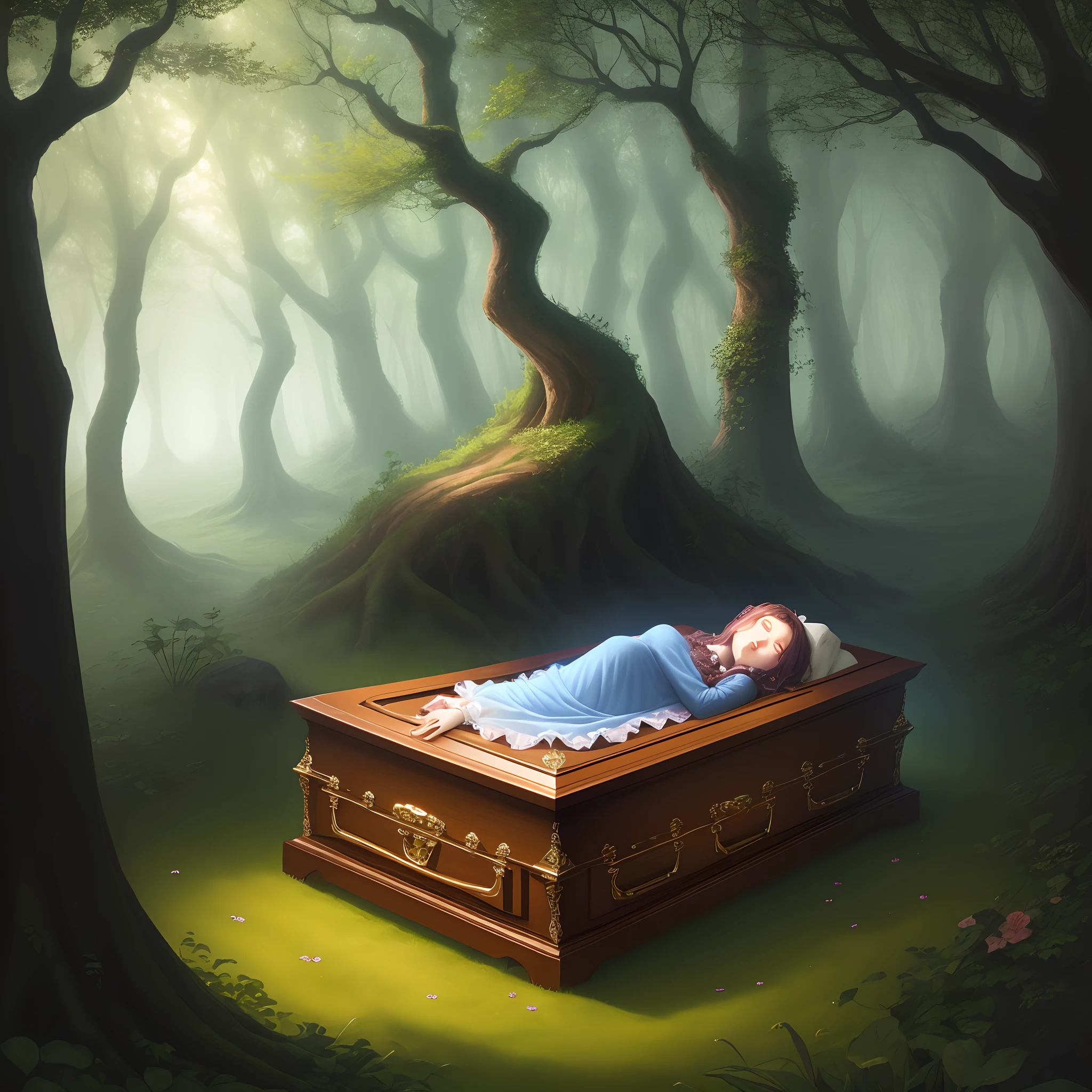 Coffin for wake in an enchanted forest