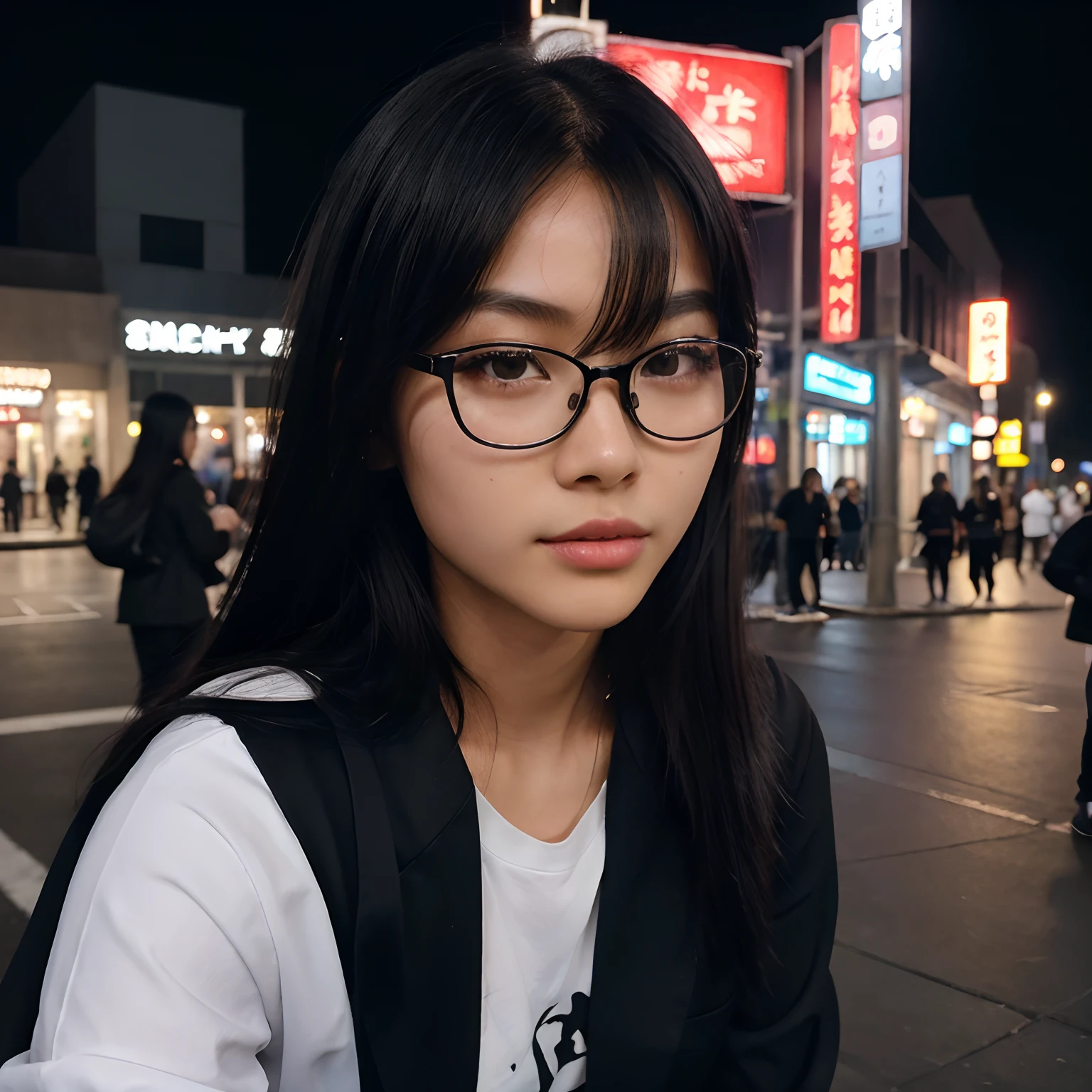 Very young female,half chinese, small slit-eyed, glasses, black hair, flawless white skin, long hair, photorealistic, best quality, hyper detailed, middle school student, beautiful woman, selfie photo, upper body, duo with very solo, wearing black clothes, at city street, midnight photo, without makeup, school (cheerful, happy), looking at viewer, skin texture, film grain, close up, ultra high res, best shadow, RAW, instagram LUT, the photo with a friend, the friend is a young male chinese wearing suit