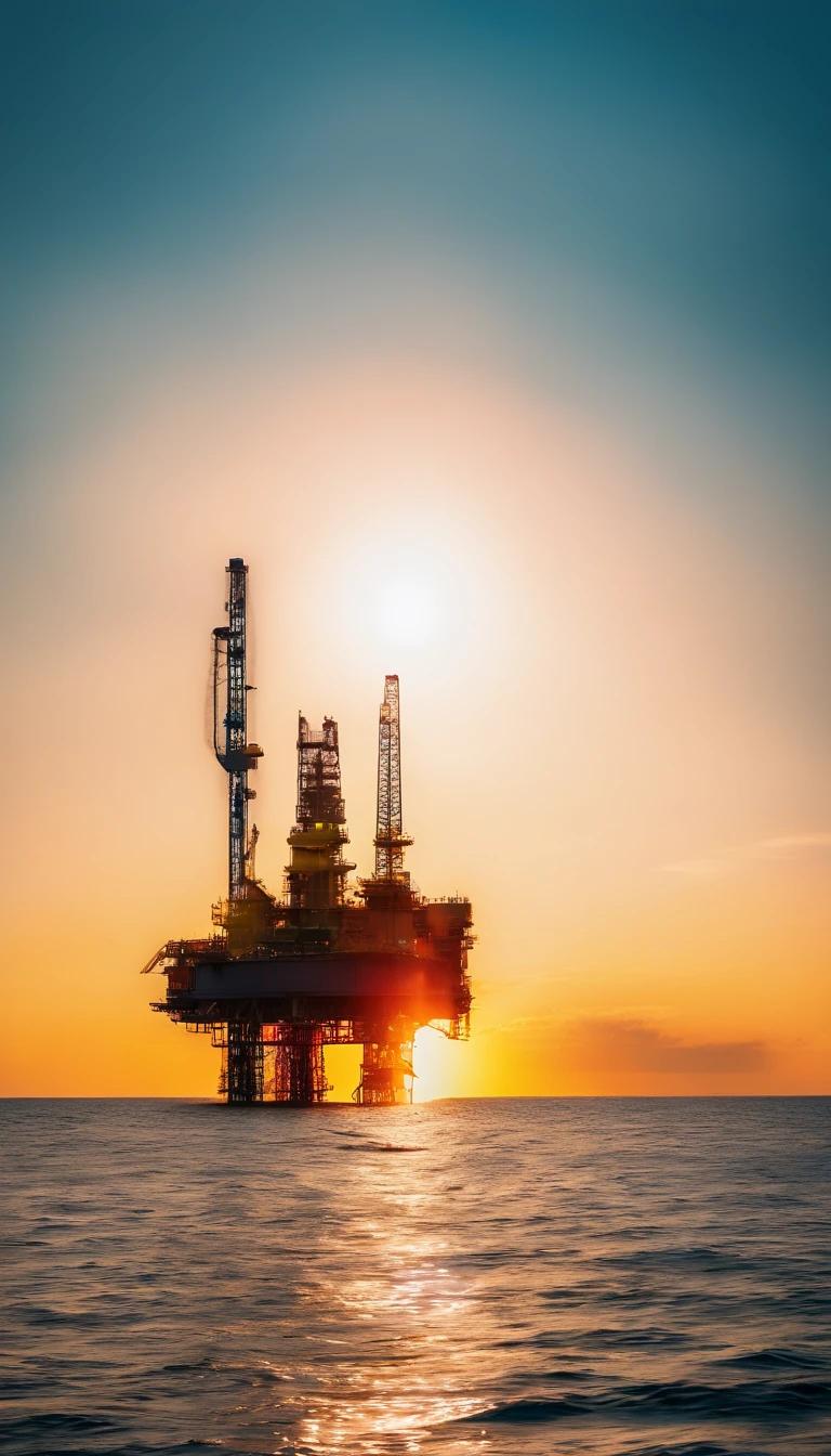 photorealestic，Haiji-1, A yellow offshore oil and gas platform sits on the surface, Panoramic view, Clouds of smoke, and the sun was shining brightly, (Masterpiece), (Vivid colors:1.6)