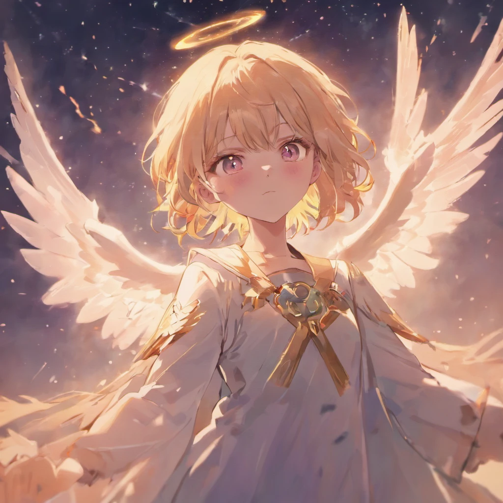 Angel looking up at the sky, dark,eroic,dreamy, bright clear eyes, feminine, thinker, romantic, very bright colors, light particles, with bright light, Digital painting art, for rock album cover, UHD