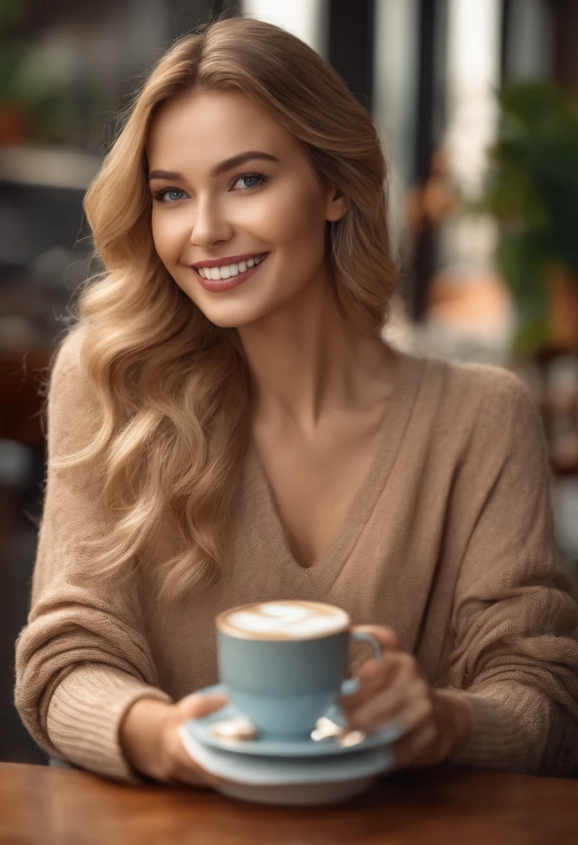 Beautiful blonde woman in beige sweater posing for camera (Sipping coffee in a modern café ), Very detailed, 21 old years, Innocent Face, natural wavy hair, blue eyes, High Resolution, Masterpiece, Best Quality, intricate details, Highly detailed, sharp-focus, detailed skin, realistic skin texture, texture, 詳細な目, Professional, 4k, Adorable smile, shot on Canon, 85mm, Shallow depth of field, Kodak Vision Color, a perfect fit body, Extremely detailed, a photo of a_\(ultra\), Photorealistic, Realistic, postprocessed, max detail, roughness, Real life, ultra realistis, photo realism, photografic, 8K UHD, photografic