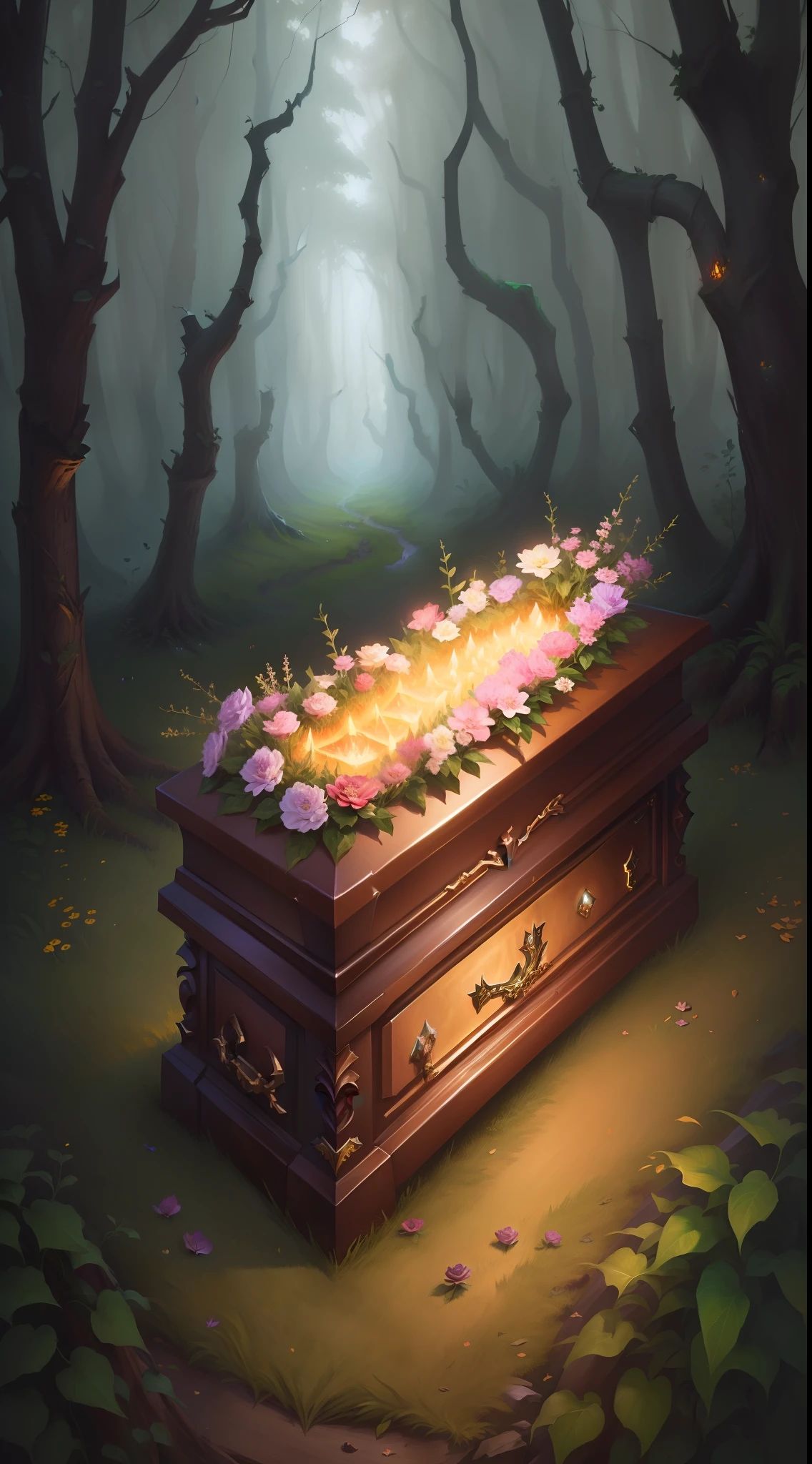 There's a coffin with flowers in the middle of a forest, realistic fantasy illustration, coffin, arte de fundo, hearthstone card art, funeral, hearthstone card art, Bussiere Rutkowski Andreas Rocha, pintura digital detalhada, Astri Lohne, pintura digital muito detalhada, por Daarken, arte do jogo de cartas de hearthstone. ", Pintura digital de fantasia, Jen Bartel