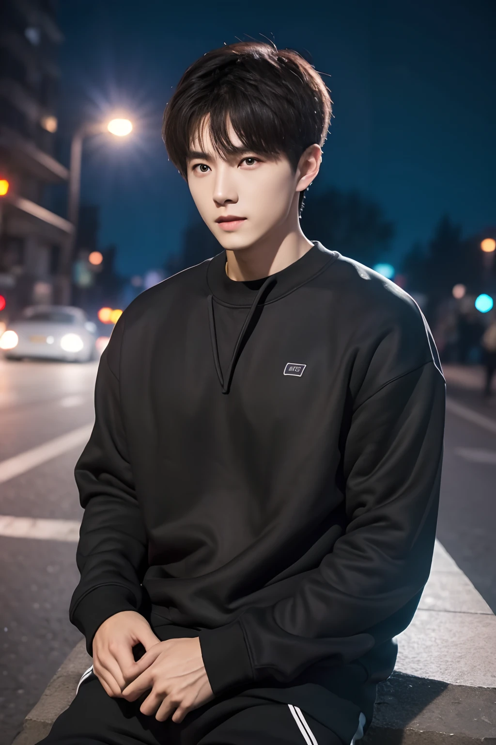 deep in the night,Warm sweatshirt,Attractive man,Live-action photo,Handsome and sunny,(SLR effect,真实感,8K,Hyper-detailing,Absolute realism)