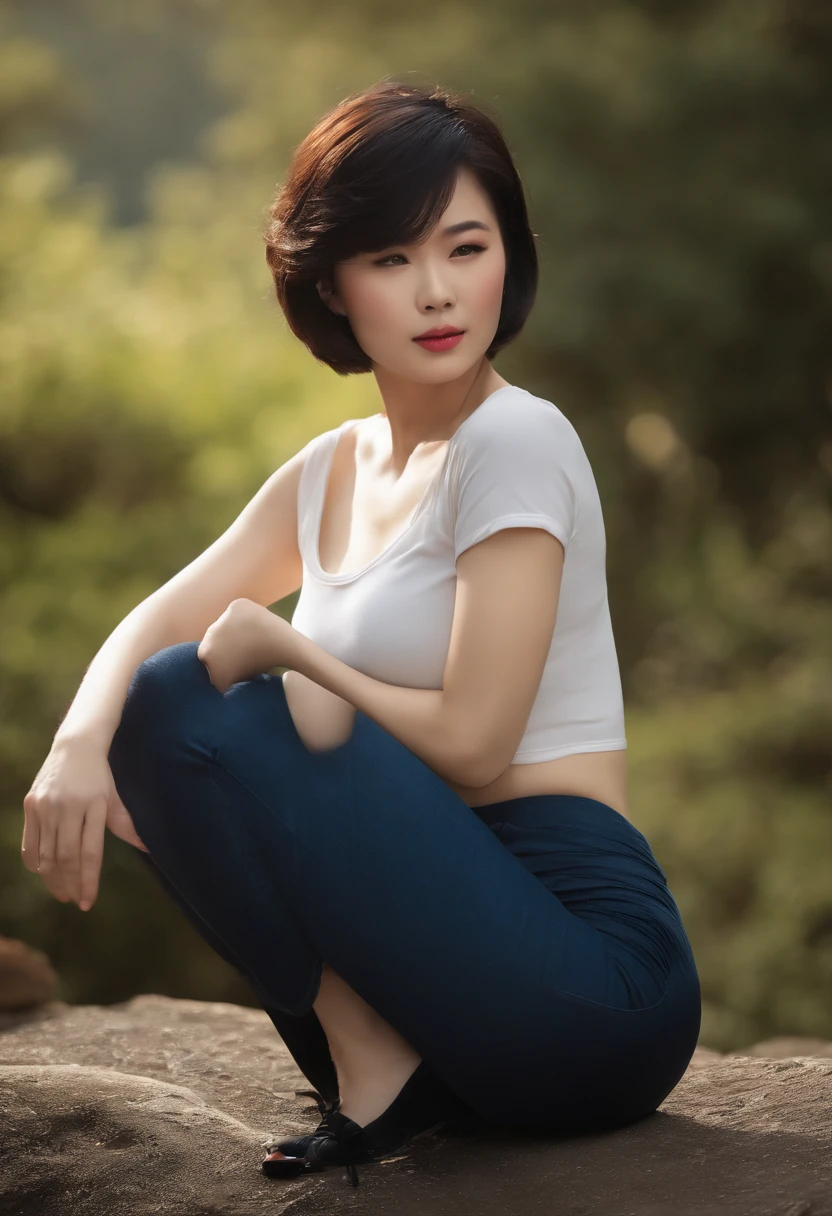 (Best quality, 8k, 32k, Masterpiece, UHD:1.2),Photo of Pretty Japanese woman,black short hair,beauty face,(leaning forward:1.3),squatting,(from above:1.2),(close up:1.4),pov,loose t-shirt,large breasts,(beautiful nipple slip:0.9),outdoors,windy,shiny skin,blurry background,