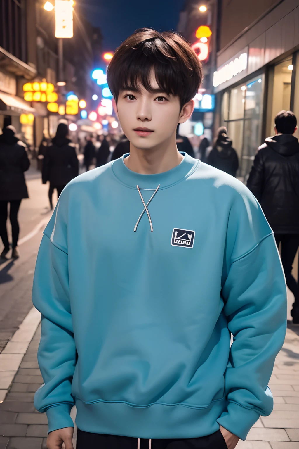 deep in the night，Warm sweatshirt，Attractive man，Live-action photo，Handsome and sunny，（SLR effect，真实感，8K，Hyper-detailing，Absolute realism）