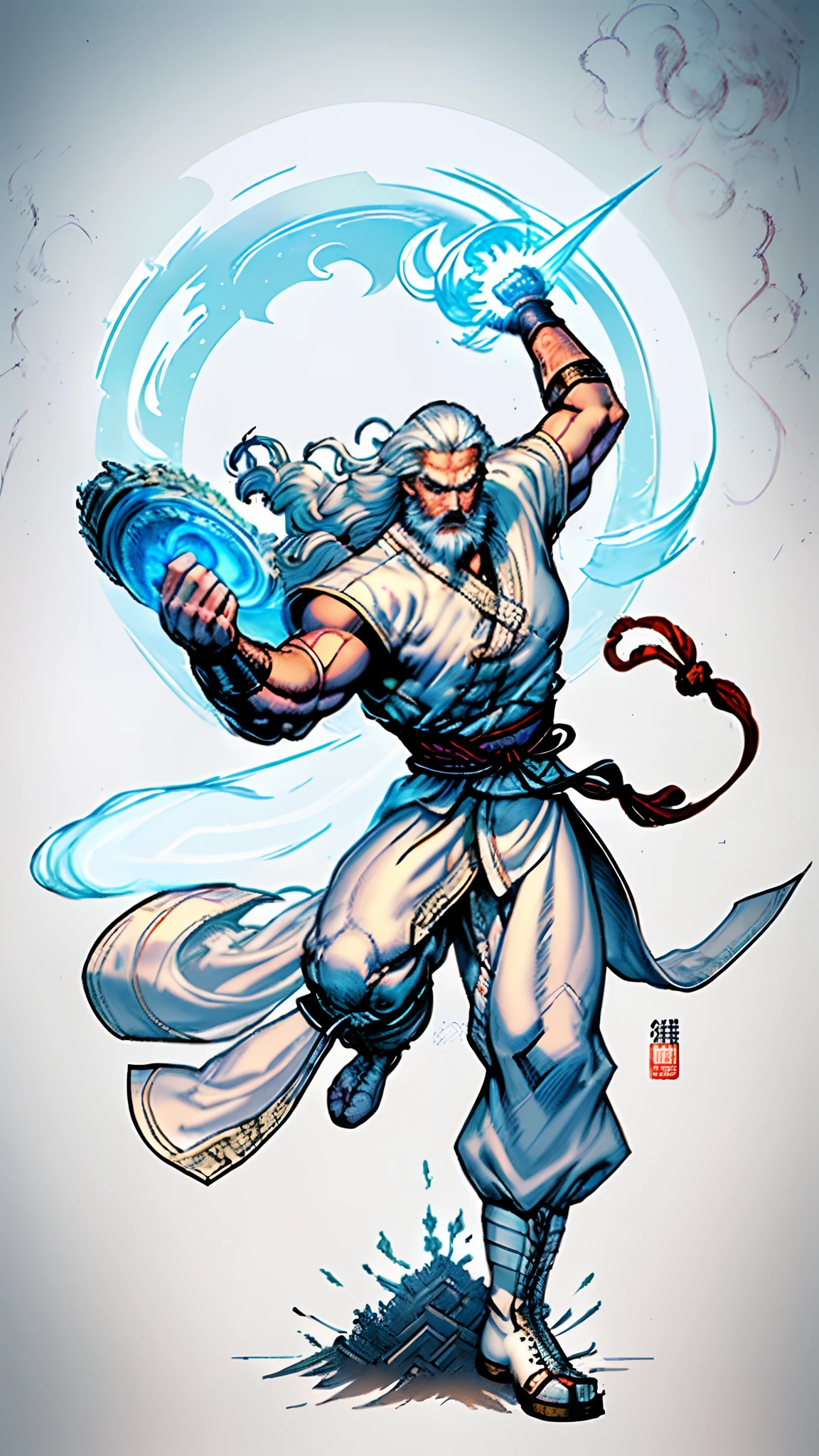 Digital illustration art，Heroes of ancient China，Has long white hair and a long beard，Handsome，thick white eyebrows, White robe and leather boots，(((Step on the iron sword)))，Big eyes，Super fit，kung fu pose，raiden，Greatwave，Fire，((Ghosted background))