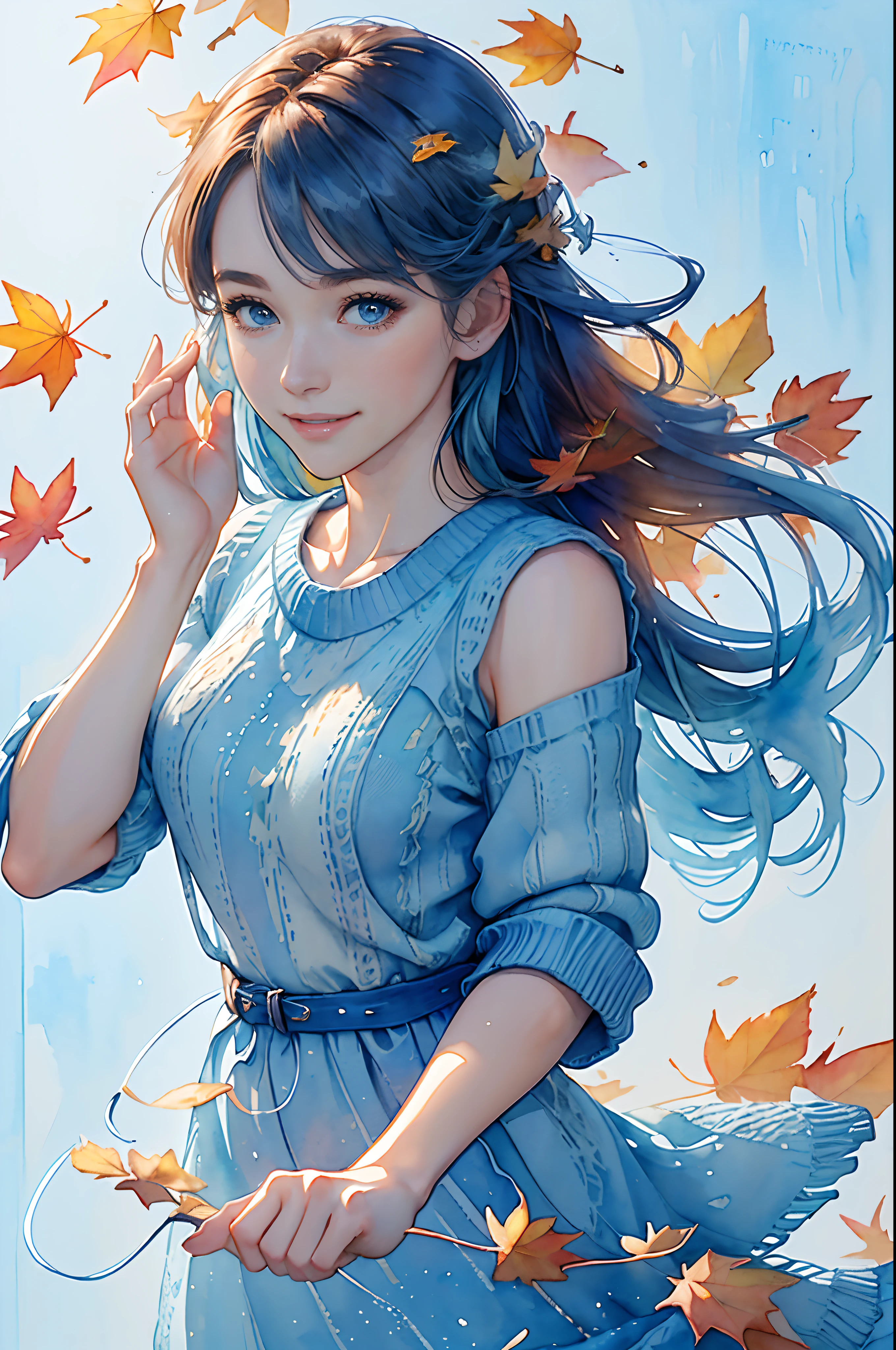 8K,​masterpiece,top-quality, (From the top:1.6) ,(close up:1.1),Dynamic Pose,Hands up,Beautiful woman at 30 years old,Portrait, light, Long hair, A smile, watercolor paiting \(Medium\),watercolor paiting,(Plain short-sleeved light blue knit dress that adheres to the body:1.3),(Autumn leaves flutter:1.3)