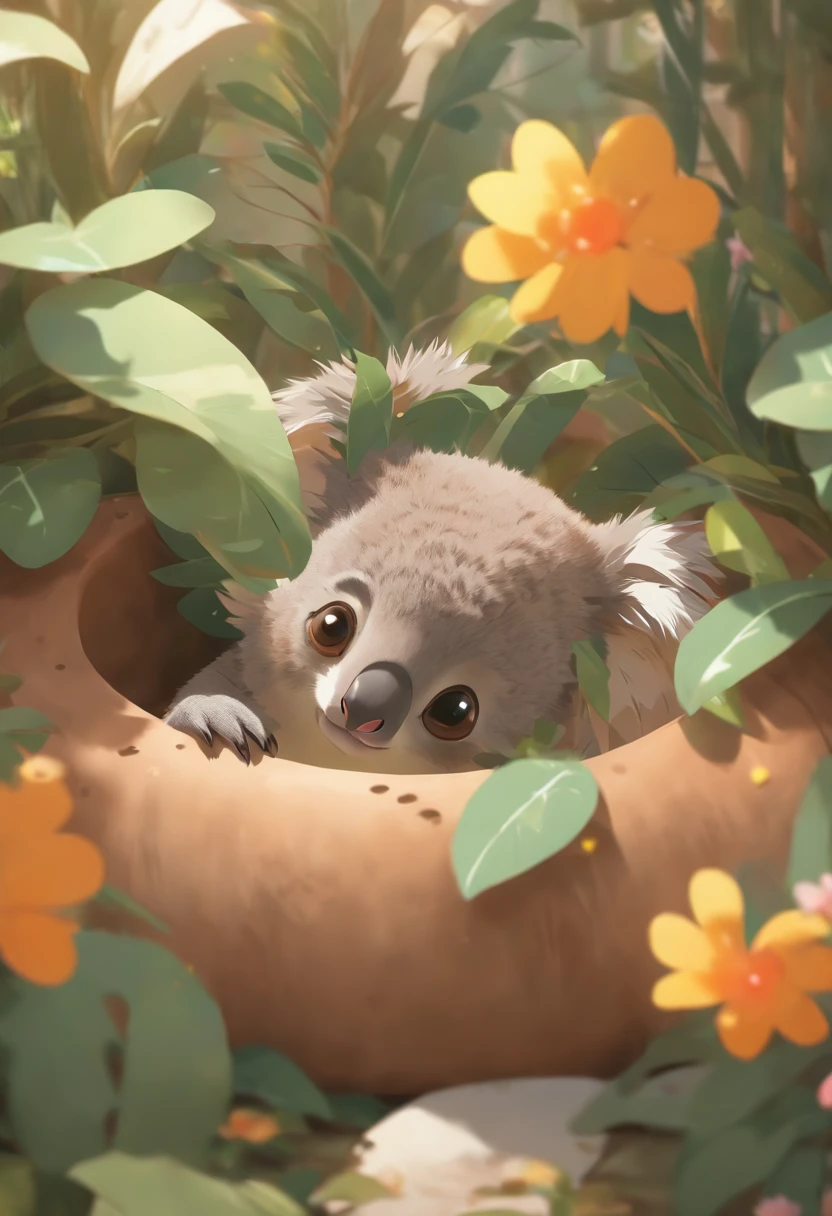 koala、Kangagaroo、platypus、emu、Cute lying on the stomach in a flower pot,Has big eyes,Blushlush,lazy,greet,high detal
