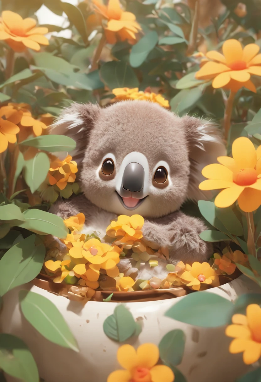 koala、Kangagaroo、platypus、emu、Cute lying on the stomach in a flower pot,Has big eyes,Blushlush,lazy,greet,high detal