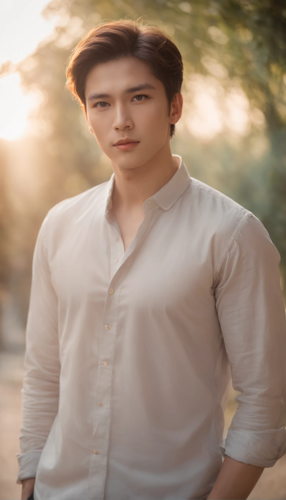 Generate a majestic image of a young male like a gods, surrounded by an aura of power and grace, shirt, slim body ,emanating wisdom and strength around you, brown hair, brown eyes, white skin, slightly chubby cheeks, central asian phonetics, side hair short and middle part hair