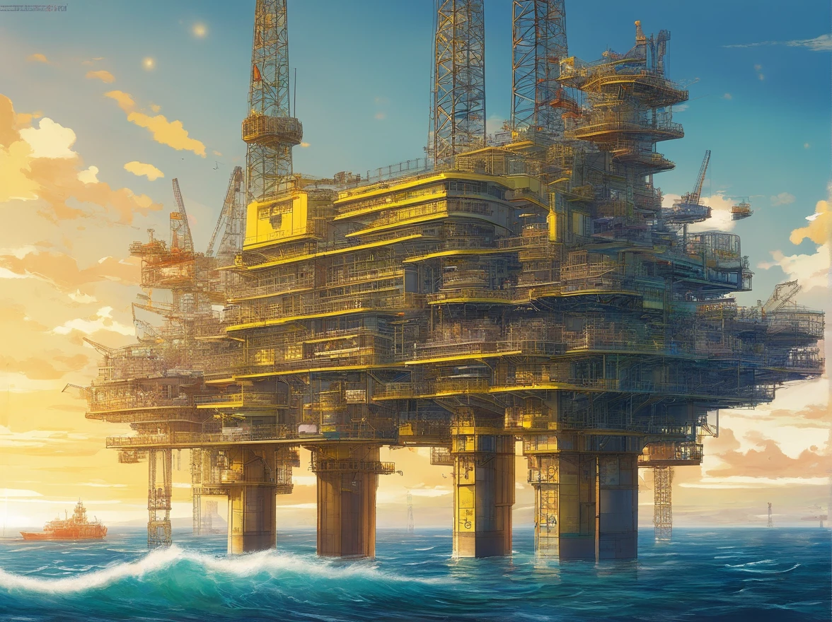 photorealestic,Haiji-1, A yellow offshore oil and gas platform sits on the surface, Panoramic view, and the sun was shining brightly, (Masterpiece)