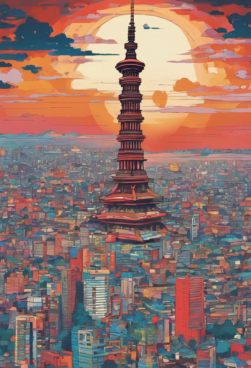 araffe tower in the middle of the city with many buildings, jakarta, south jakarta, indonesia, night, at dusk, in the evening, at dusk, surrounding the city, beautiful picture, at night, beautiful city, monument, spectacular, at night, bali, amazing picture, city in the background, skyline show, city in the background, indonesian flag at the top of the monument