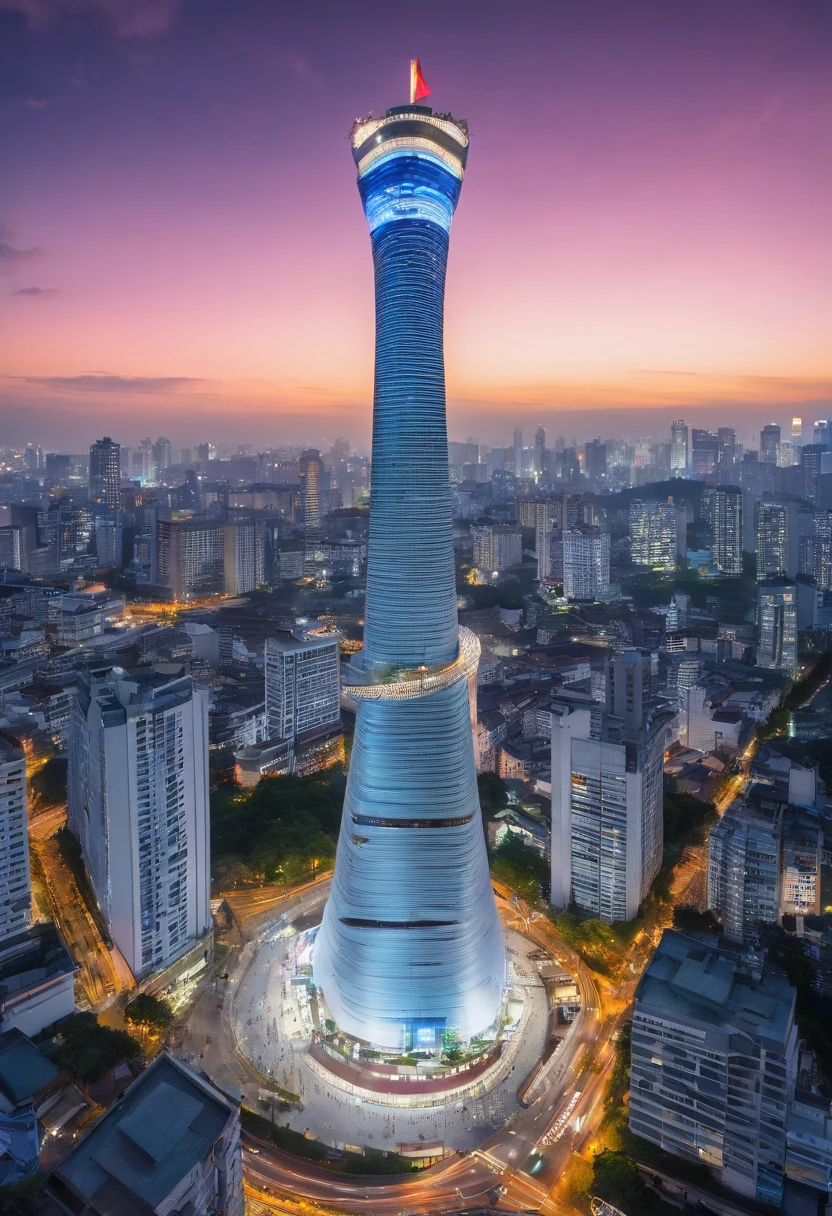 araffe tower in the middle of the city with many buildings, jakarta, south jakarta, indonesia, night, at dusk, in the evening, at dusk, surrounding the city, beautiful picture, at night, beautiful city, monument, spectacular, at night, bali, amazing picture, city in the background, skyline show, city in the background, indonesian flag at the top of the monument