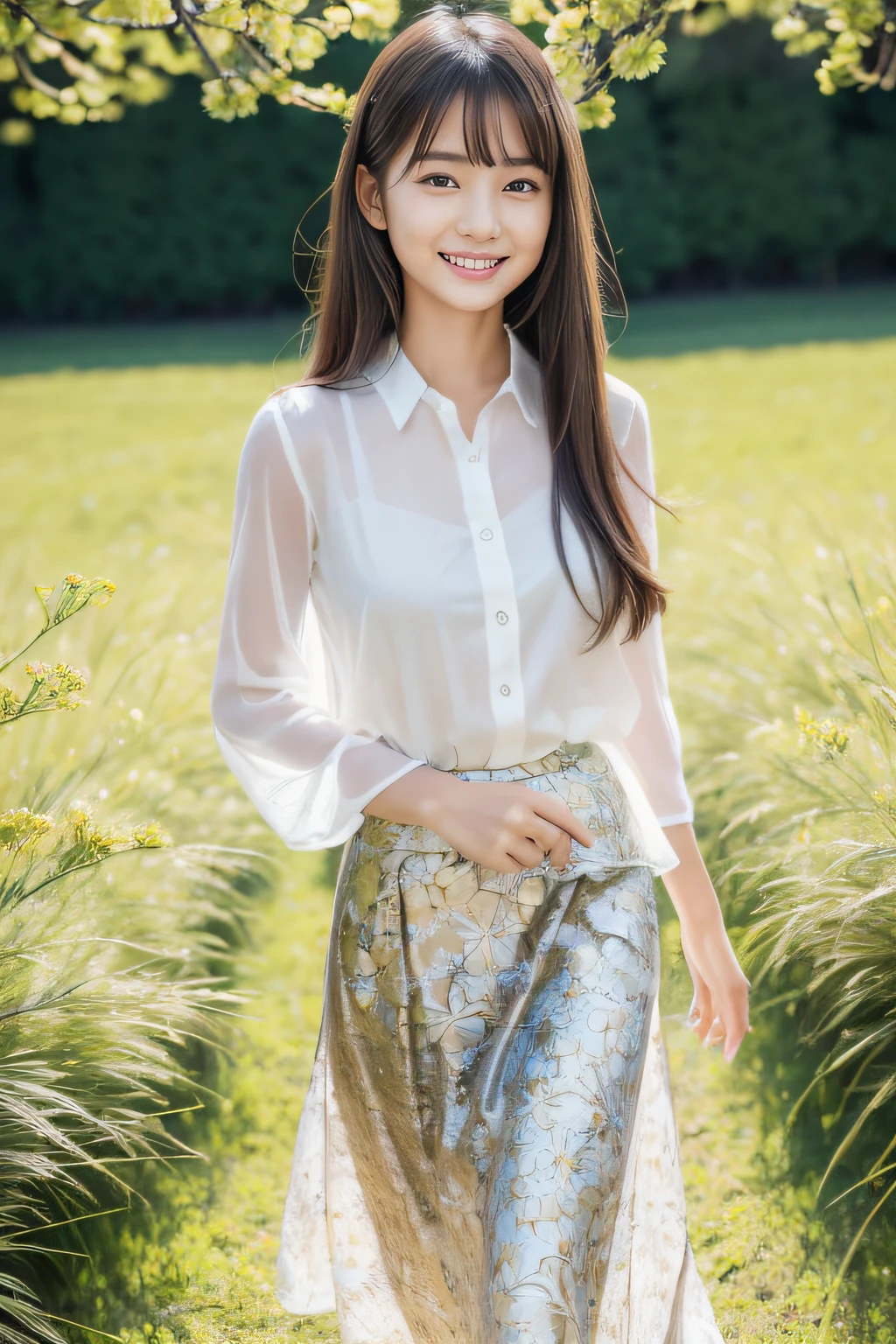 (Masterpiece:1.3), (8K), (Best Quality:1.4), (UHD:1.2), (Photorealistic:1.3),( Raw Photography), (1girl), (Ultra High Detailed), (Detailed face), very perfect beautiful and cute face, (Detailed hair), Beautiful hair, bangs, (symmetrical eyes:1.3), (Detailed eyes), (Detailed skin), Realistic skin, shiny skin, Ultra high definition, (medium breasts:0.7), (slim figure), (super model figure), gentle smile:1.2, (A very beautiful and cute young Japanese girl with a gentle expression),
( wearing a brocade pattern shirt and maxi-skirt:1.3 ),
cute young Japanese girl, pretty young Japanese girl, full body, Walking through a field of cosmos in full bloom
