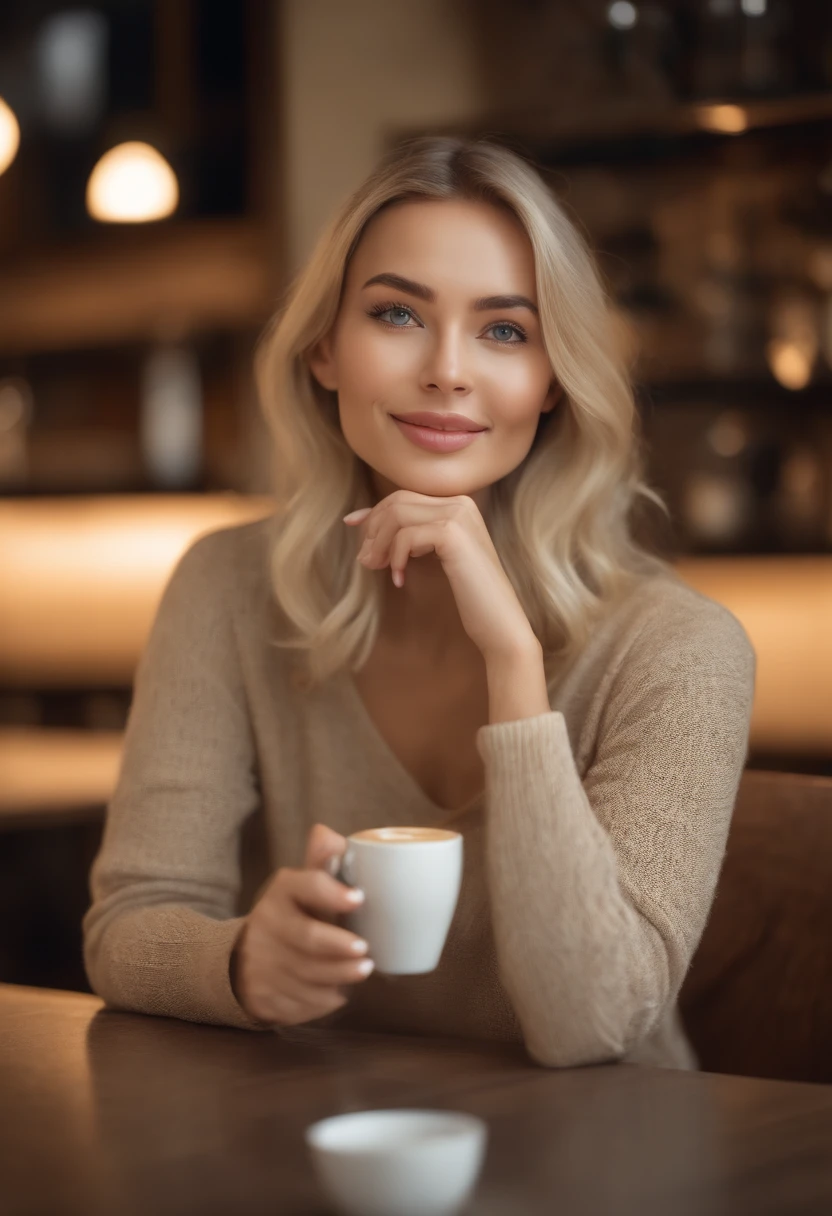 Beautiful blonde woman in beige sweater posing for camera (Sipping coffee in a modern café ), Very detailed, 21 old years, Innocent Face, Natural Straight Hair, morena, blue eyes, High Resolution, Masterpiece, Best Quality, intricate details, Highly detailed, sharp-focus, detailed skin, realistic skin texture, texture, 詳細な目, Professional, 4k, Adorable smile, shot on Canon, 85mm, Shallow depth of field, Kodak Vision Color, a perfect fit body, Extremely detailed, a photo of a_\(ultra\), Photorealistic, Realistic, postprocessed, max detail, roughness, Real life, ultra realistis, photo realism, photografic, 8K UHD, photografic