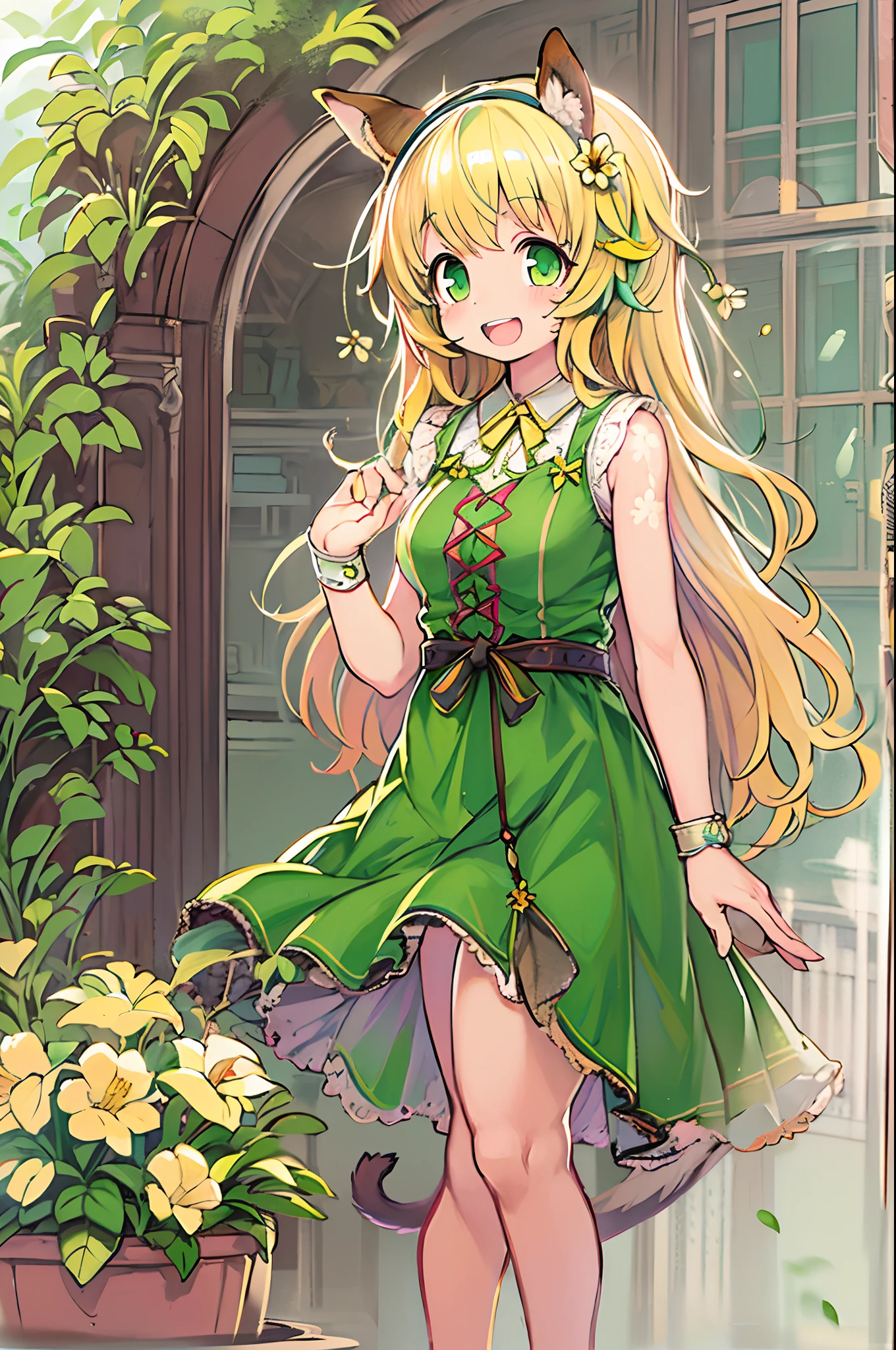 1girl in, :D, animal ear fluff, Animal ears, Bangs, black hairband, Blonde hair, Blurry, Blurry background, depth of fields, Dress, flower, flower pots, frilly dress, frilld, Green dress, Green eyes, shairband, Holding, Long hair, Open mouth, pink flowers, plant, potted plant, sketch, Sleeveless, Sleeveless dress, Smile, Solo, tail, Wrist cuffs, yellow flower, 1980s (Style)