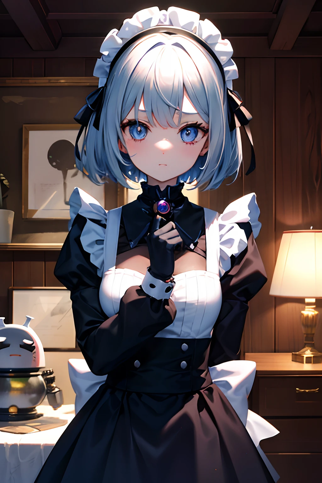 Robot girl, ceramic face, maid, hidden monster in eye, terror