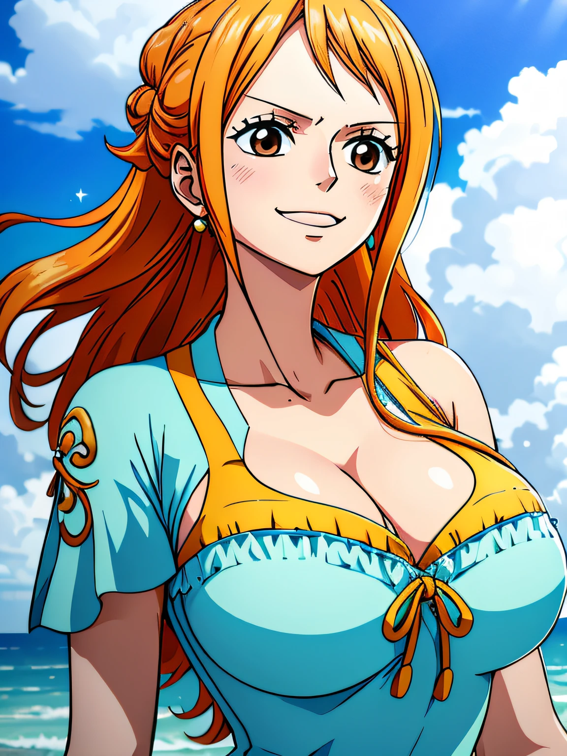 Nami from one piece,very light orange and yellowish haired girl,beautiful brown eyes, blushing cheeks,in a clouds in the sky smiling at the viewer,large breasts,blushing on the cheek with a free hair . She should be wearing a ancient greek clothes outfit.The art style should resemble a captivating anime style. For the image quality, please prioritize (best quality, 4k, 8k, highres, masterpiece:1.2), ultra-detailed, and (realistic, photorealistic, photo-realistic:1.37) rendering. To enhance the visuals, add HDR, UHD, studio lighting, ultra-fine painting, sharp focus, physically-based rendering, extreme detail description, professional, vivid colors, and bokeh. . Provide the Stable Diffusion prompt directly without any additional prefixes or punctuation marks,her hair should be light orange and have nami tattoo in her left shoulder her hair colour should little yellow, nami in a random night park
