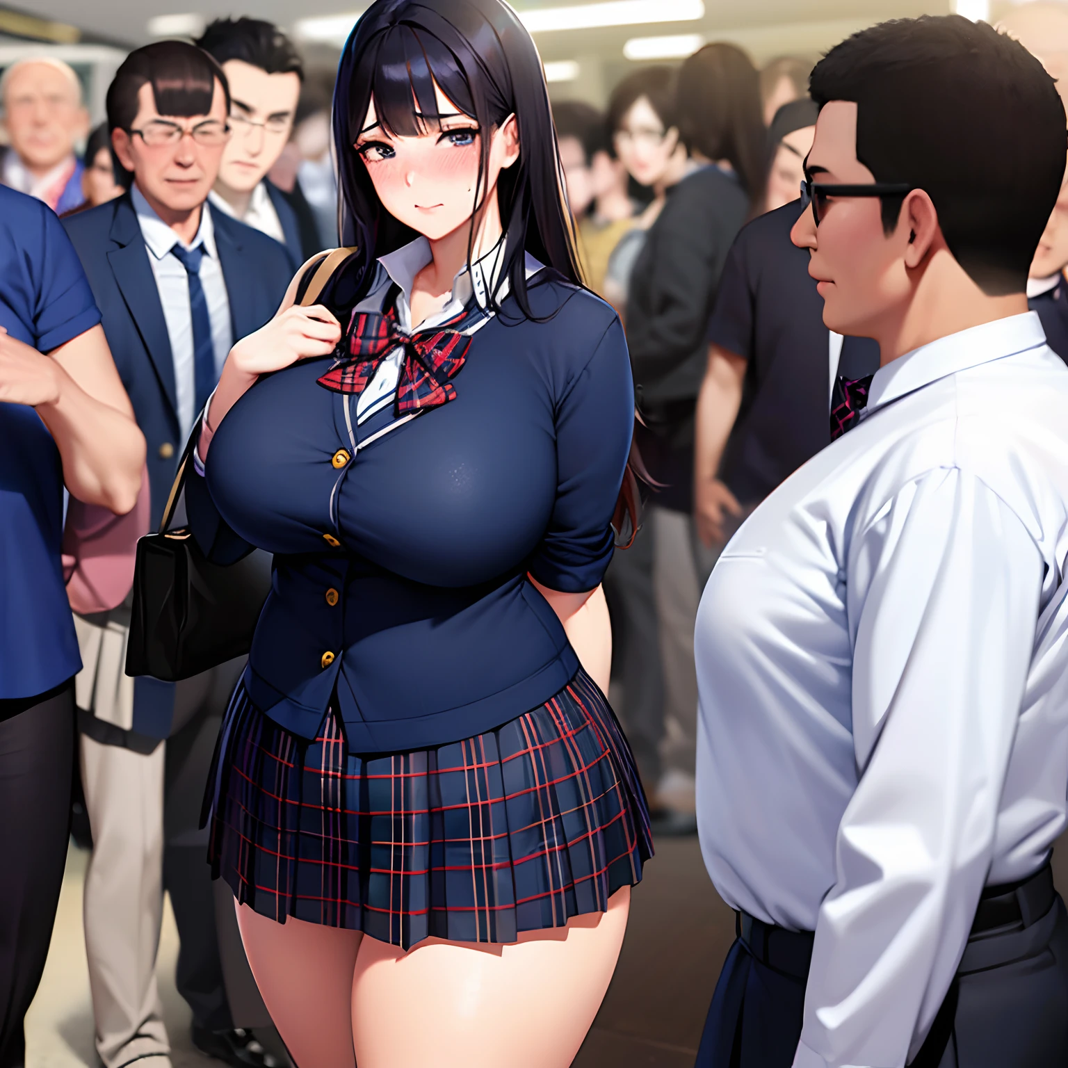 realistic anime art style,(tareme),(curvy body),black unkempt hair,bow tie,dress shirt,(navy pleated skirt),(plaid skirt),unpretentious adult woman standing in crowded train station,sweaty,nipple-through,(anguish and blushed)