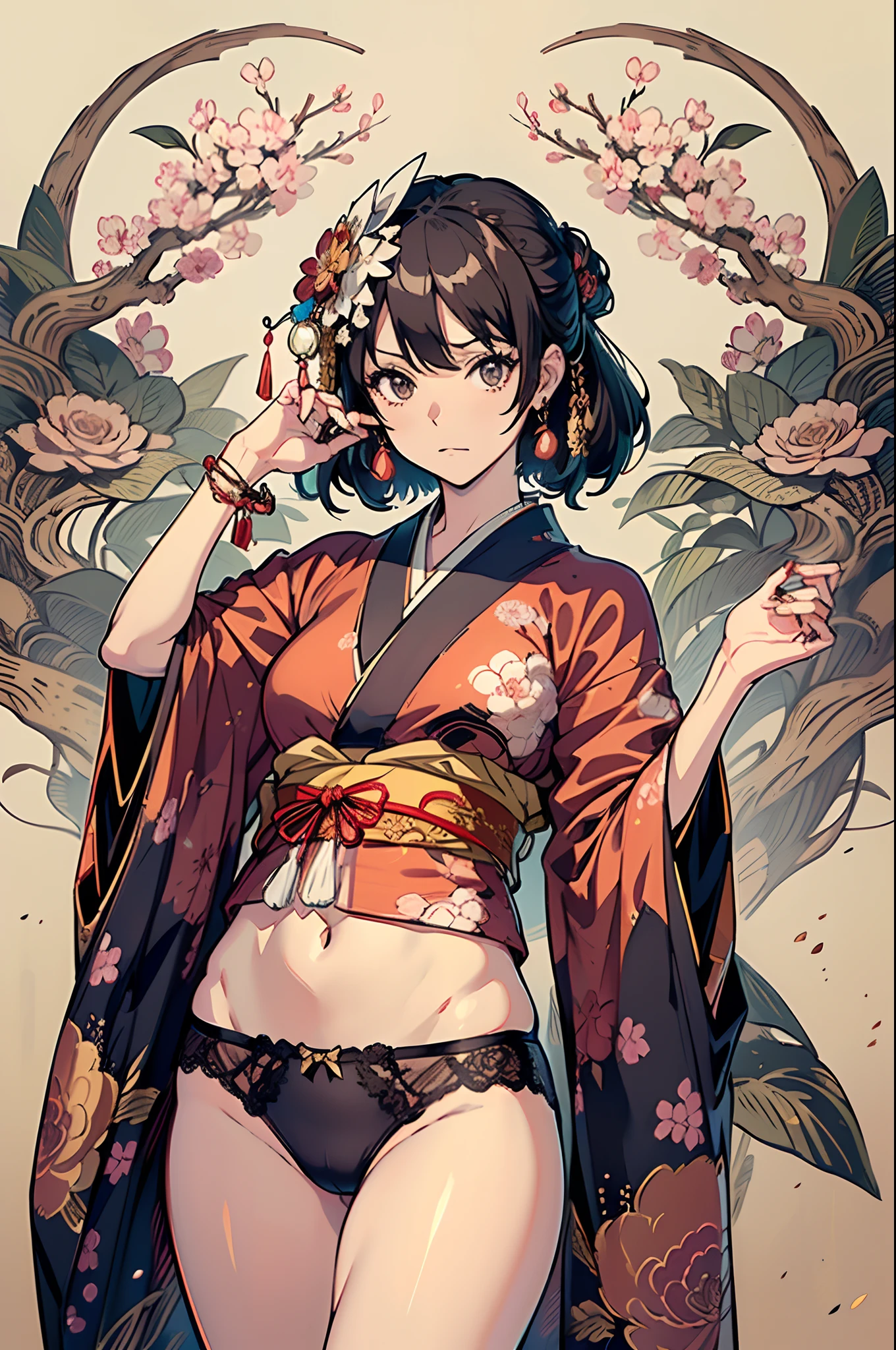 (masutepiece:1.4),ultra -detail、hyper quality、High resolution、Beautiful adult woman、Beautiful skins、(Beautiful muscles)、(((Beautifully decorated kimono)))、(((Beautiful ornaments)))、(((Luxury lingerie)))、top-quality、16-k illustration、​masterpiece、high detailing、beatiful backgrounds、((Detailed drawing))、Perfect Photo、Perfect Beautiful Girl、spot light、cowboy  shot