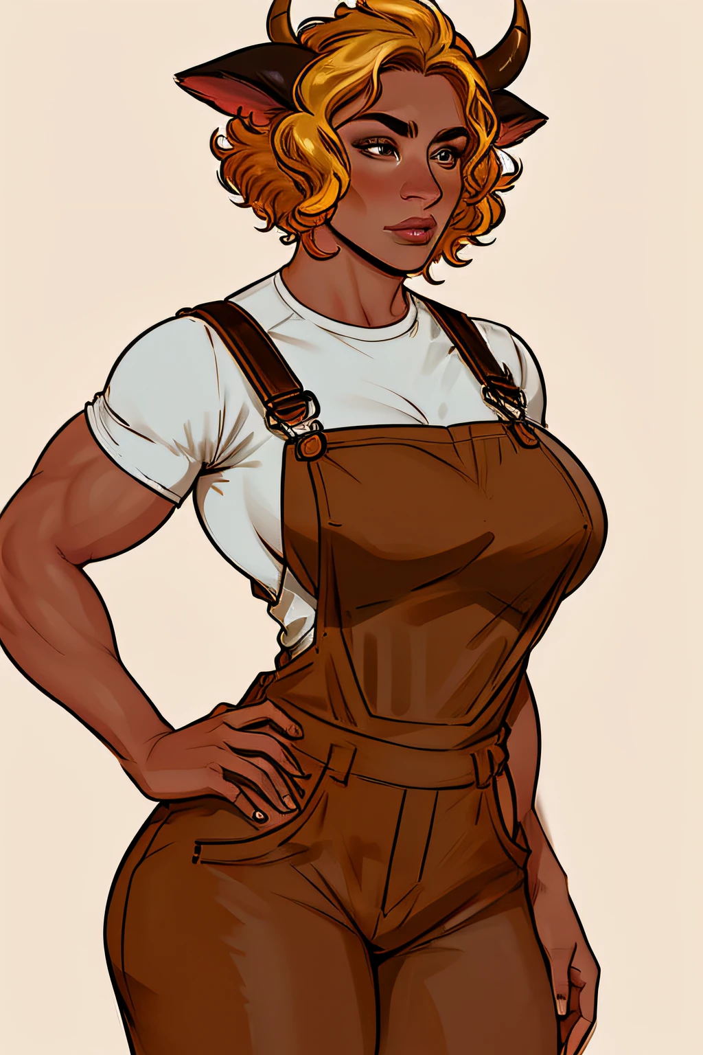 woman, tanned skin, cow horns, cow ears, muscular, giant breasts, beautiful, black hair, blonde hair, two tone hair color, short hair, messy curly hair, brown eye color, overalls