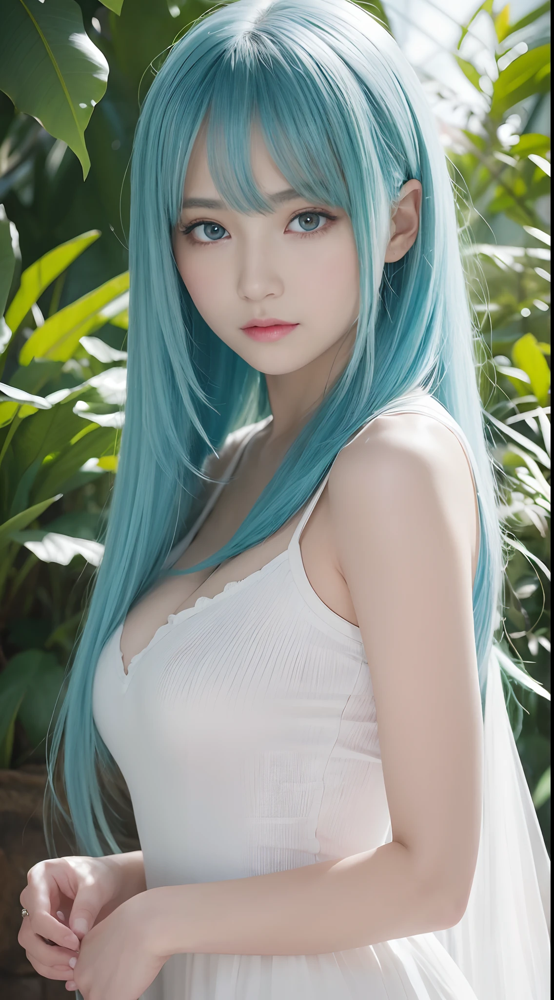 (VI-000020:1.2), (The ultra-realistice:1.3), (Masterpiece:1.4), Best quality, ((Realistic)), High quality, Ultra detailed, ((realistic anime face)), ((Realistic skin)), ((Realistic body)), ((Sexy pose)) (Best quality:1.1), (illustration:1.05), (1girll:1.05), (Cute:1.05), (Beautiful detailed eyes:1.05), (Cinematic light:1.1), Light blue highlights, Full of pink hair, 1girll, Lovely portrait of a tyrant, aqua hair, Bright eyes, White dress, Temple, See the scenery of forest monsters