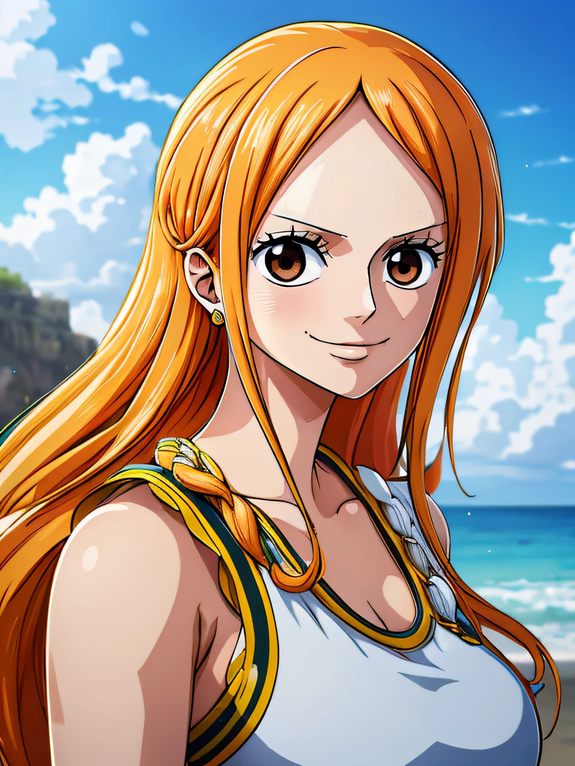 A Woman With Long Orange Hair Standing On A Beach SeaArt AI