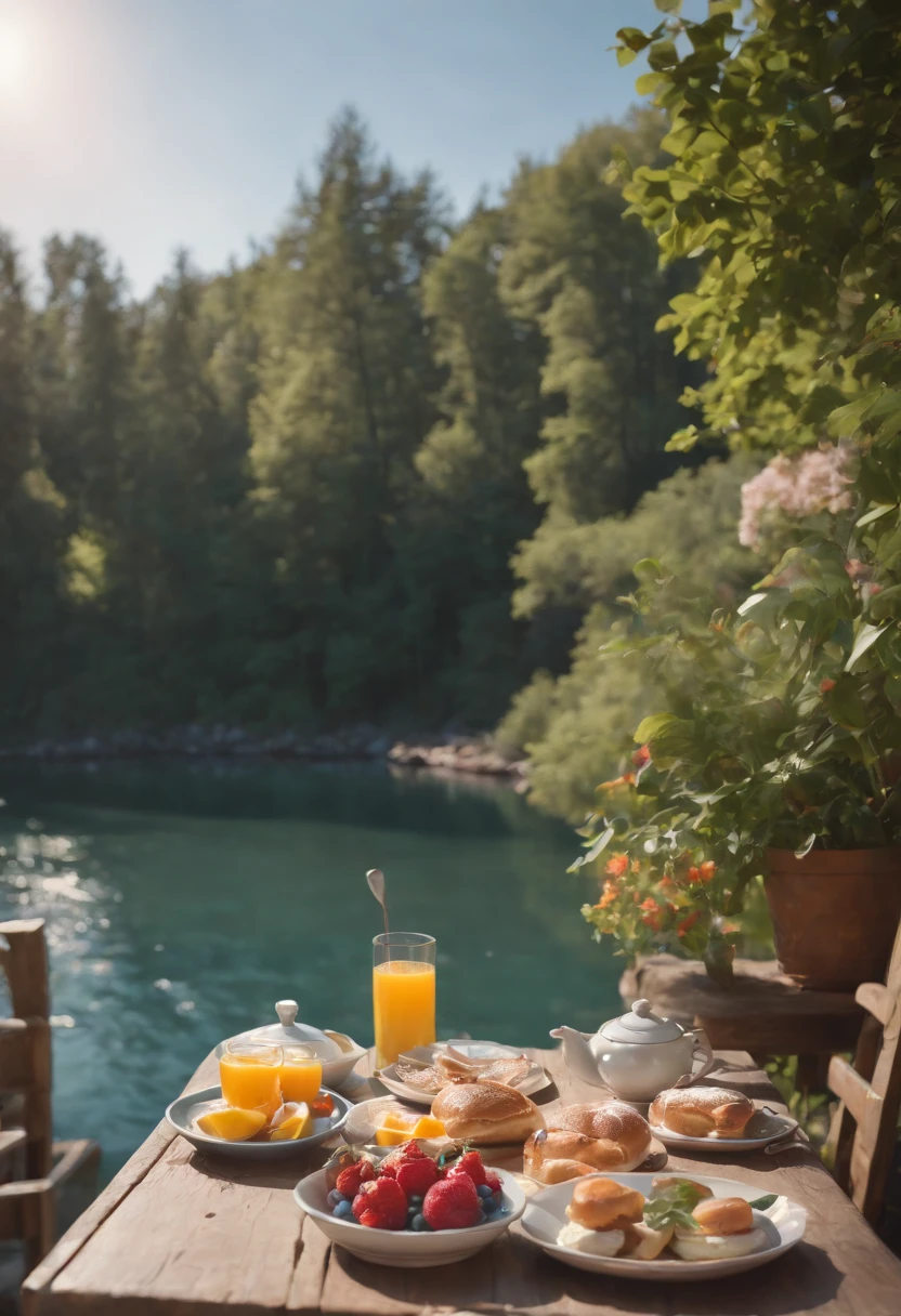 Realistic, real life, beautiful breakfast table by the water with background by greg rutkowski, style of laurie greasley, studio ghibli, geovane tarantino, james gilleard, genshin impact, pixiv trend fanbox, acrylic palette knife, 4k, (vibrant colors), (bright color contrast), (highly saturated), devinart, trend in artstation
