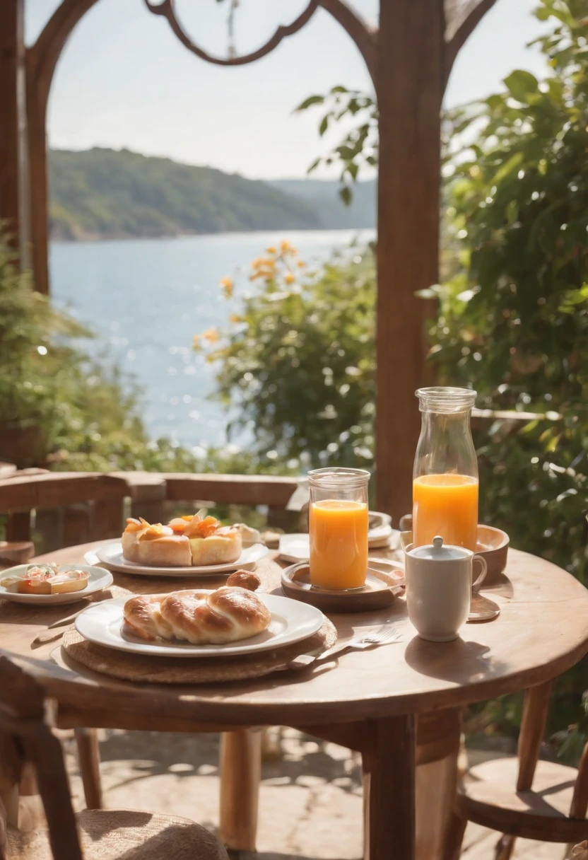 Realistic, real life, beautiful breakfast table by the water with background by greg rutkowski, style of laurie greasley, studio ghibli, geovane tarantino, james gilleard, genshin impact, pixiv trend fanbox, acrylic palette knife, 4k, (vibrant colors), (bright color contrast), (highly saturated), devinart, trend in artstation