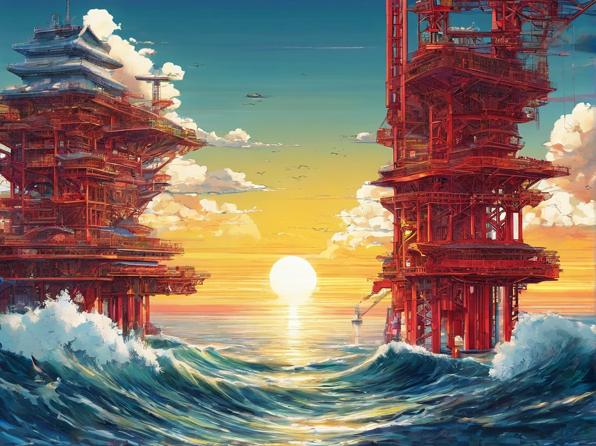 photorealestic,Haiji-1, A yellow offshore platform with a red structure on top is located at the surface of the sea, Panoramic view, and the sun was shining brightly, (Masterpiece)