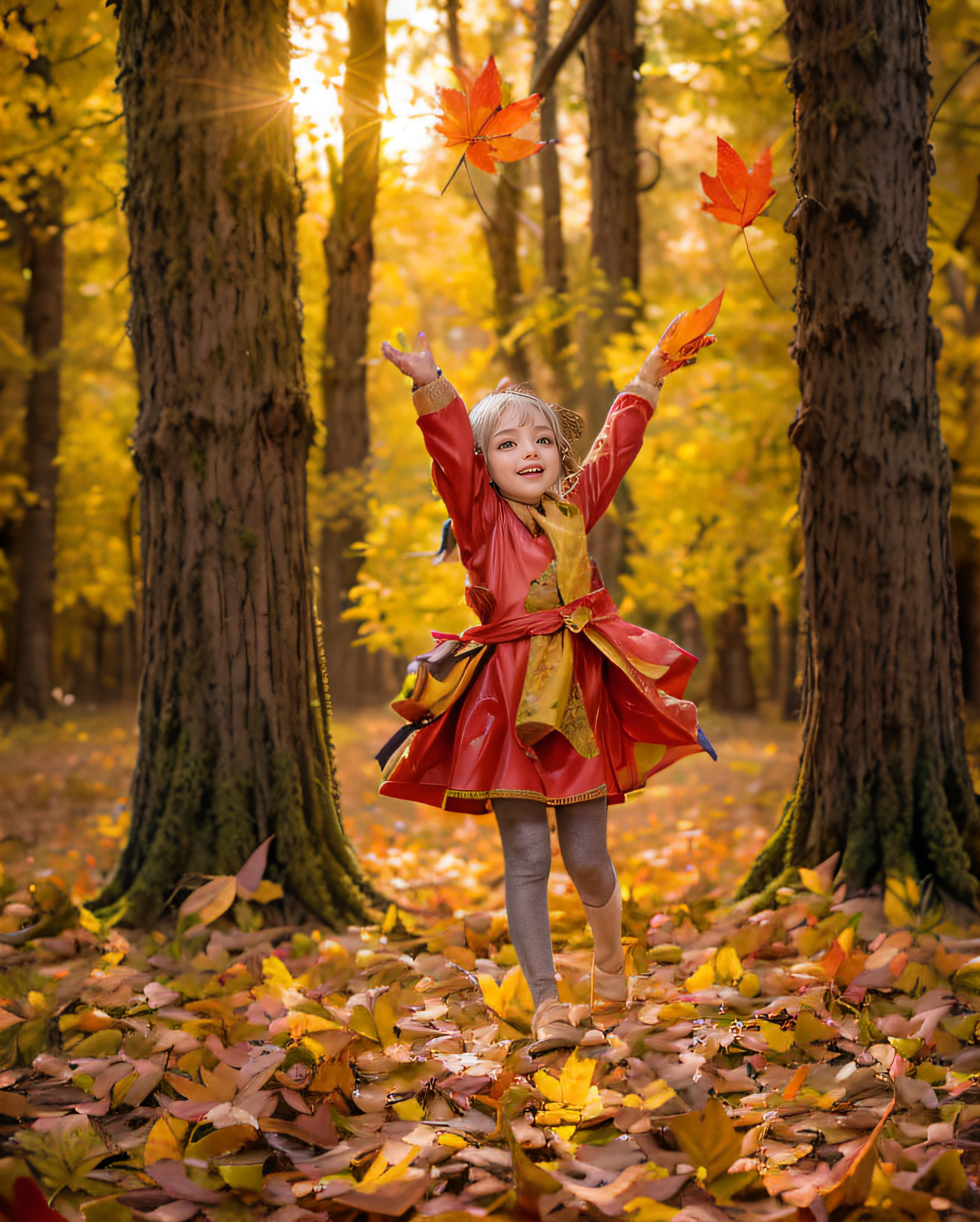 In a forest: A cheerful  in a maple leaf costume plays with a huge pile of leaves (red, yellow and orange) (they happily throw them into the air). Canon EOS 5D Mark IV, Sunset, High Quality Photos, Top Detail, Masterpiece, Author: Ksénia Bélanger.  (16k, Best Quality, Hdr, Best Resolution: 1.4, RAW Photography) (Centerpiece: 1.2) , bokeh, realistic photography, Canon 5d