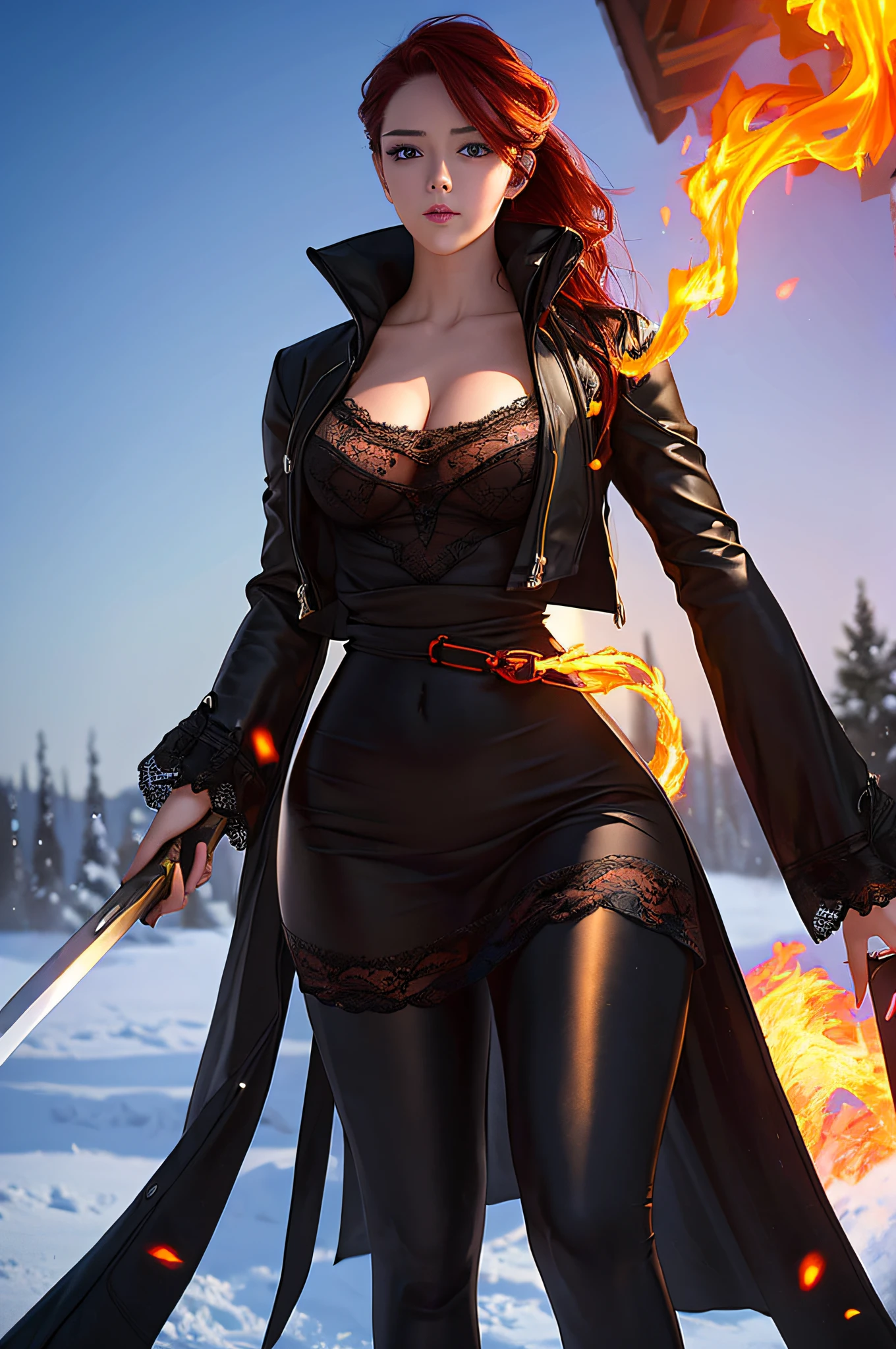 Best quality, masterpiece, ultra high res, (photorealistic:1.4), raw photo, 1girl, ((black lace nightgown)), ((small breast)), cold light, wearing black and red leggins, big ass, big legs, thick thighs, small waist, big hips, female, red hair, long hair, loose hair, yellow eyes, wearing black coat, use a katana, magical warrior, confident, (masterpiece:1.2, best quality), beautiful, a 23yo woman, fiery hair, fire goddess, (glowing red eyes), extremely detailed face, beautiful detailed eyes, defined jawline, (perfect anatomy), wearing red armor, midriff, textured skin, hot lighting, flames, embers, measures 70-40-95, beautiful figure, confidant, wearing black leggins, big legs, highly voluptuous thighs, wears a black coat, fire powers, fire hero, big ass, solo girl, thick legs,