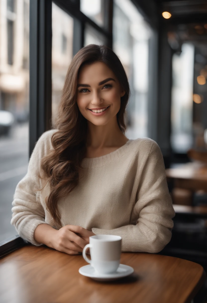 Beautiful brunette woman in white sweater posing for camera in full height (Sipping coffee in a modern café ), Very detailed, 21 old years, Innocent Face, Natural Straight Hair, morena, blue eyes, High Resolution, Masterpiece, Best Quality, intricate details, Highly detailed, sharp-focus, detailed skin, realistic skin texture, texture, 詳細な目, Professional, 4k, Adorable smile, shot on Canon, 85mm, Shallow depth of field, Kodak Vision Color, a perfect fit body, Extremely detailed, a photo of a_\(ultra\), Photorealistic, Realistic, postprocessed, max detail, roughness, Real life, ultra realistis, photo realism, photografic, 8K UHD, photografic