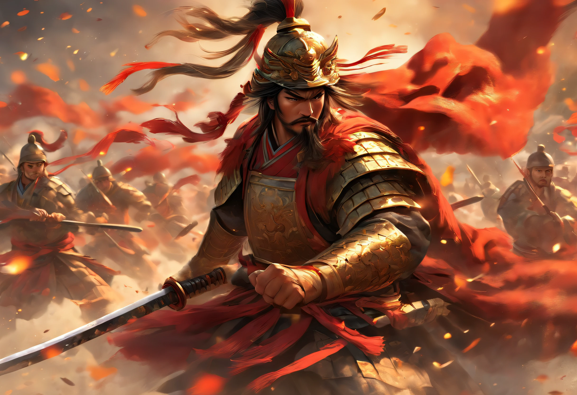Chinese soldiers, shields, swords, battle-ready armor, disciplined formations, powerful warriors, intricate designs on shields and swords, determined soldiers, ancient battlefield, fierce fighting scenes, heroic acts, historical battle reenactment, masterfully crafted weaponry, highly skilled soldiers, synchronized movements, martial spirit, traditional Chinese warfare, legendary battles, strategic warfare tactics, honor and bravery, resolute expressions, adrenaline-filled moments, military precision, battlefield camaraderie, ancient Chinese history, emblematic ancient symbols, decorated armor, epic clashes, patriotic soldiers, war cries, intense fighting spirit, unwavering dedication, ancient warrior culture, stunning martial arts poses, crimson and gold color scheme, battle-hardened troops, rich historical context. (best quality,4k,8k,highres,masterpiece:1.2), ultra-detailed, (realistic,photorealistic,photo-realistic:1.37), HDR, UHD, studio lighting, ultra-fine painting, sharp focus, physically-based rendering, extreme detail description, professional, vivid colors, bokeh, portraits, ancient war landscape, traditional Chinese painting techniques, atmospheric lighting, dynamic poses, intricate battle scenes, vivid color contrast, visually stunning composition, ethereal ambiance, heroic atmosphere.