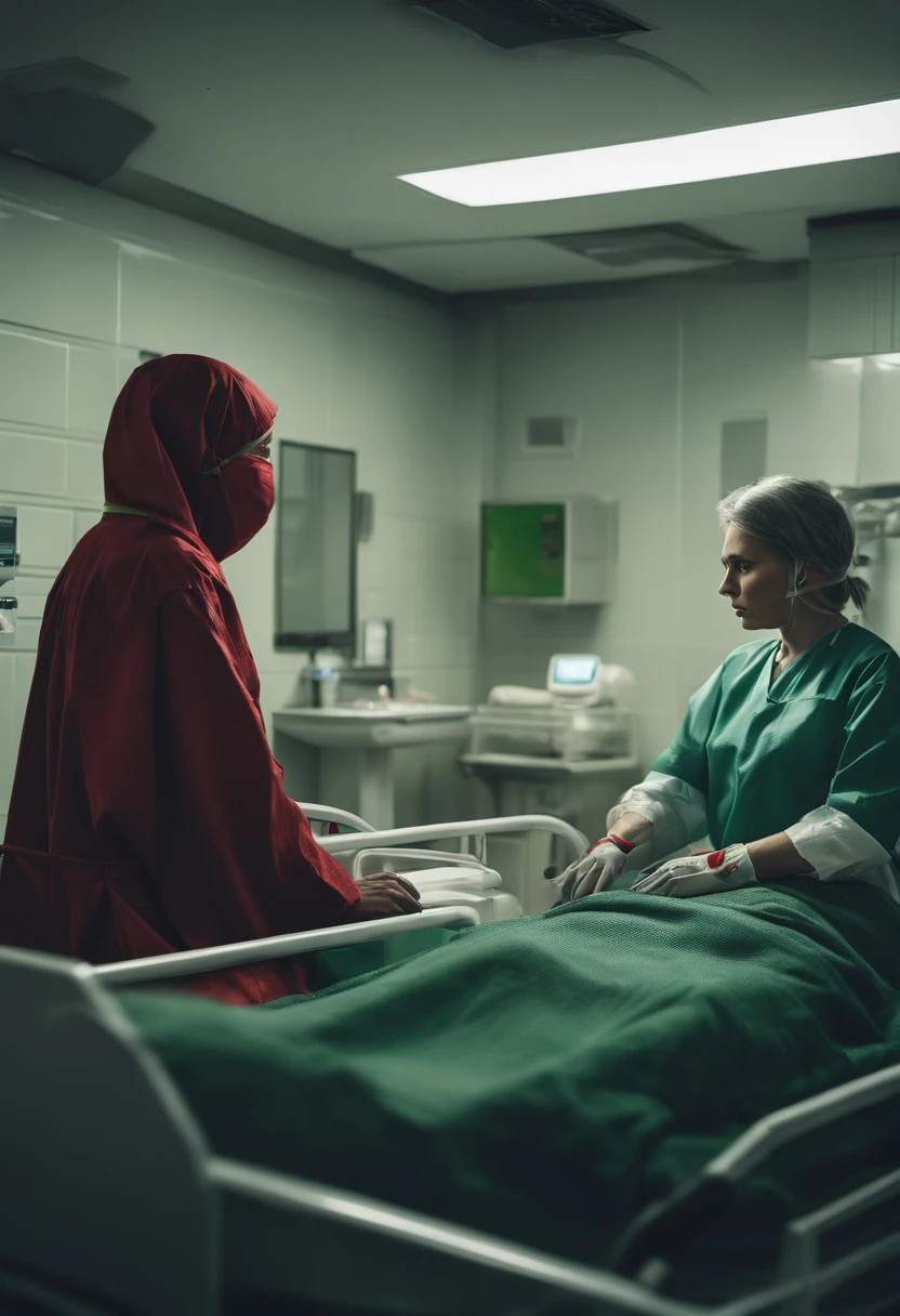 A Photograph of 2 hospital patients, 1 patient wearing red  band on wrist ,2 patient wearing green band on wrist ,inside the hospital room