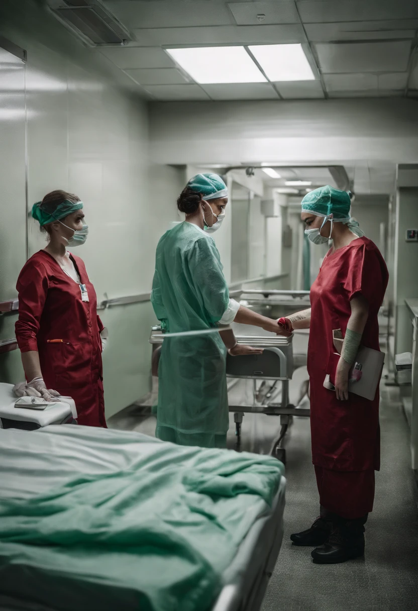 A Photograph of 2 hospital patients, 1 patient wearing red band on wrist ,2 patient wearing green band on wrist ,inside the hospital room