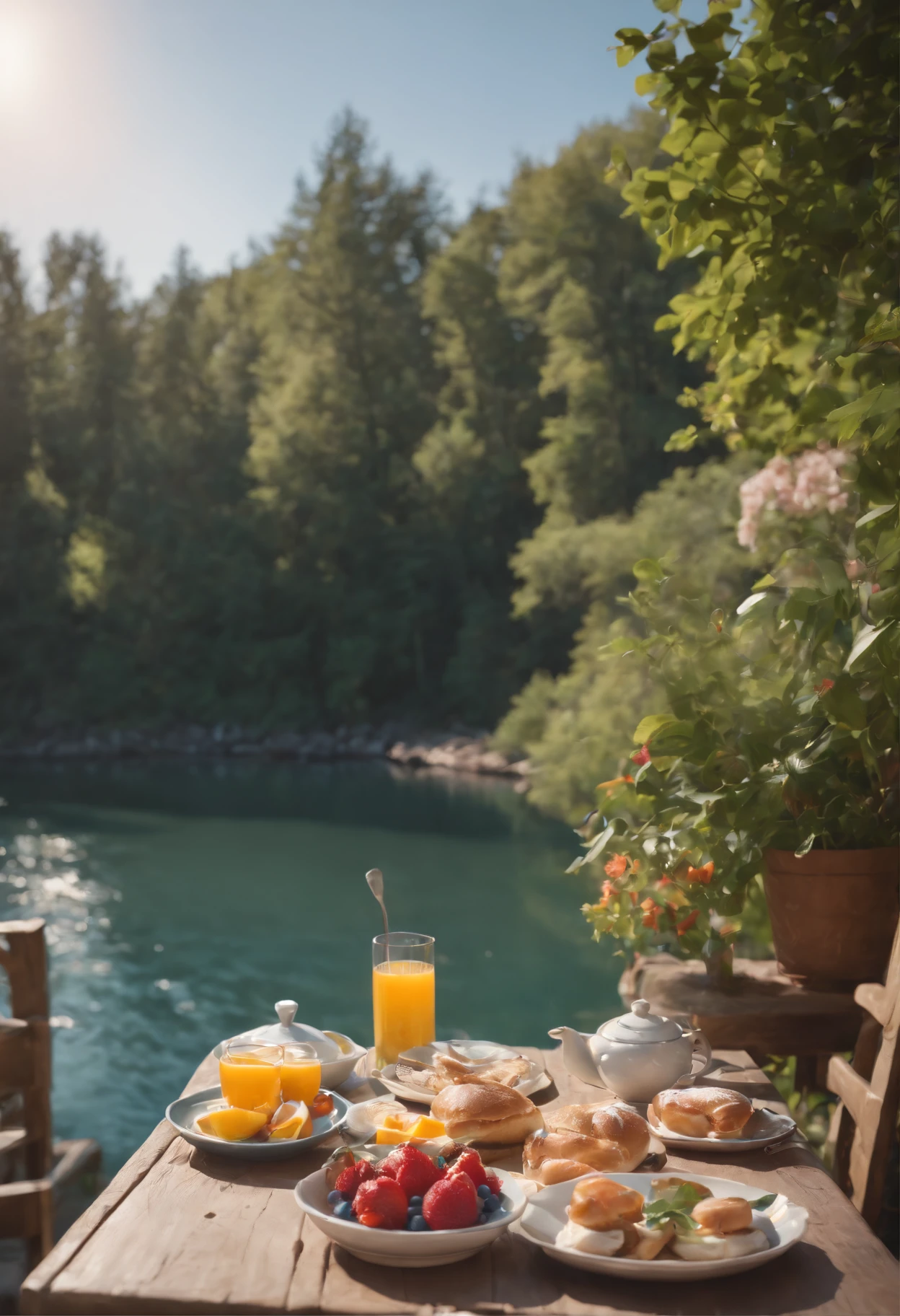 Realistic, real life, beautiful breakfast table by the water with background by greg rutkowski, style of laurie greasley, studio ghibli, geovane tarantino, james gilleard, genshin impact, pixiv trend fanbox, acrylic palette knife, 4k, (vibrant colors), (bright color contrast), (highly saturated), devinart, trend in artstation