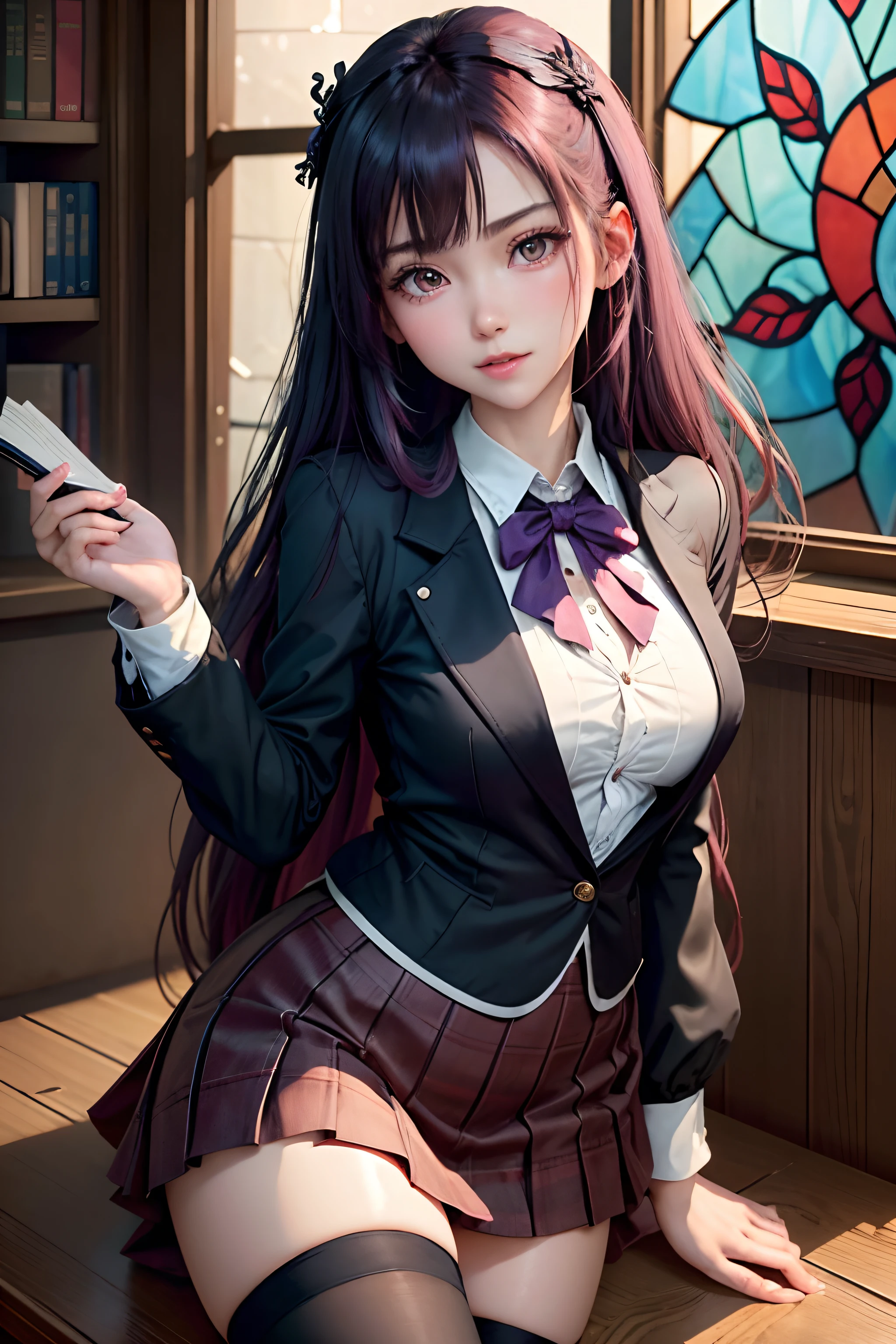 (masterpiece, best quality:1.2),intricate design, (insanely detailed:1.4), (extremely fine details:1.35),masterpiece, best quality, hyper-detailed((masterpiece)), (best quality), (detailed)
ShokoKomidef, purple hair, purple eyes, long hair
, (black pantyhose:1.3),, (school uniform:1.3), red skirt, red bow, (blazer:1.3) (microskirt:1.3)
microskirt, (classroom:1.2)