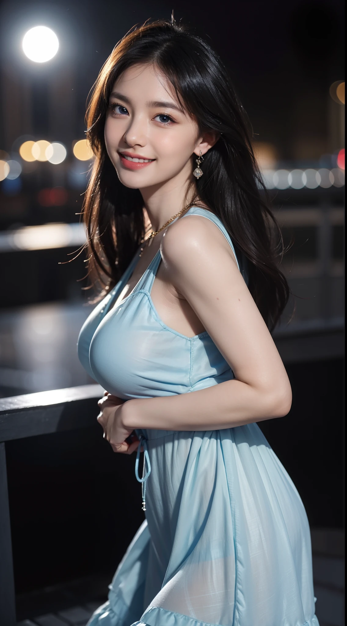 highest quality, Photoreal, finely, High resolution, 8k wallpaper, perfect dynamic composition, beautiful and detailed eyes, bob cut, black hair、big and full breasts, random sexy pose,chest to chest、(Breast bulge 1.3)、laughter、(droopy eyes 1.4)、adult beauty、Japanese、look at the person taking the photo、(short tube dress), (necklace), (beautiful scenery), night, (bar)