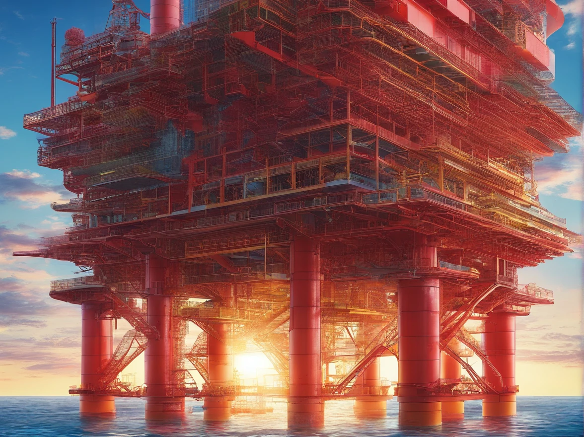 photorealestic,Haiji-1, An offshore oil and gas platform with a red structure on top but a yellow body is located at the sea surface, Panoramic view, and the sun was shining brightly, (Masterpiece)