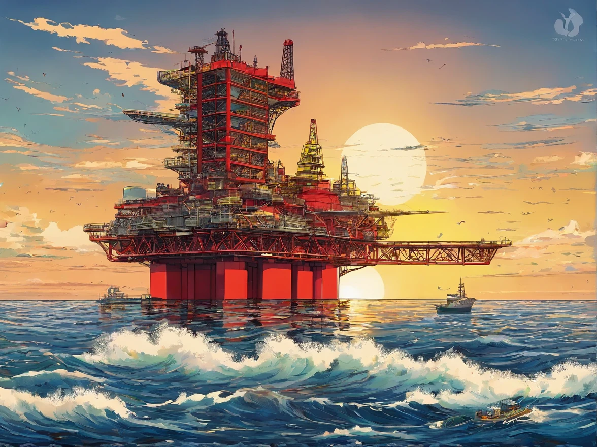 photorealestic，Haiji-1, An offshore oil and gas platform with a red structure on top but a yellow body is located at the sea surface, Panoramic view, and the sun was shining brightly, (Masterpiece)